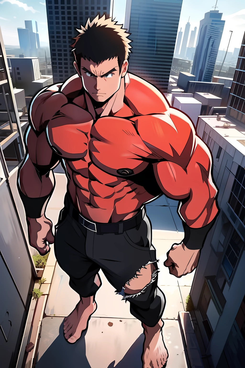 Generate anime-style art with a high-angle shot of a muscular male character with his body facing the camera, THE CHARACTER IS STANDING ON TOP OF A TALL BUILDING, The protagonist must have an extremely muscular body, very tall, similar to that of a bodybuilder. The character must have long dark brown hair and must be shirtless, with a fully torn black pants and must be barefoot and must have tribal marks on his body. The image should depict the character's entire body, focusing on his intimidating posture. The protagonist must exude strength and dominance, displaying a powerful presence. The scene should feature only the muscular character, THE CHARACTER SHOULD BE ON TOP OF A BUILDING SHOWING A LARGE CITY BELOW HIM