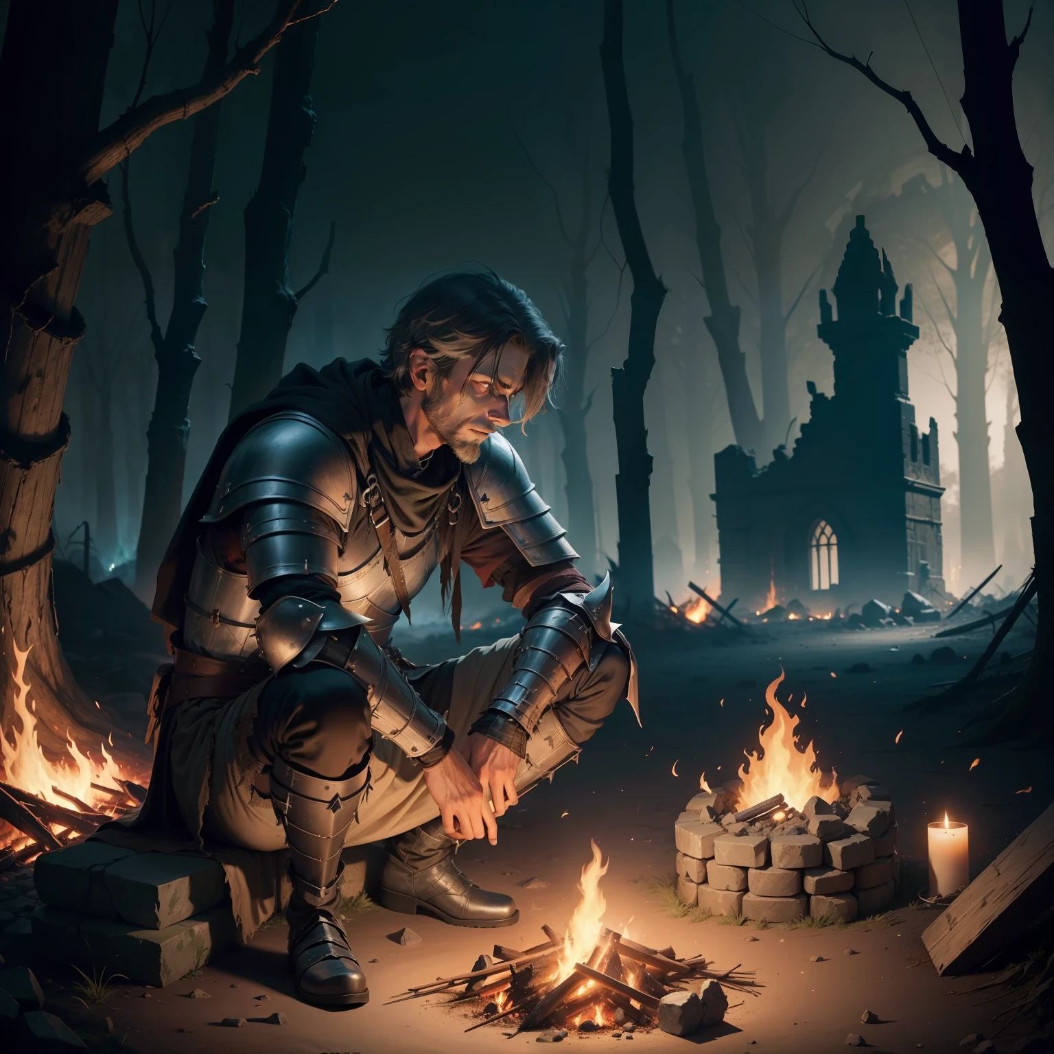 A human dark figure, seated around a fire, situated amid the ruins of some building made of stone, the man wears worn rags over scarcely visible damaged armor, the environment must be dark and hostile, medieval times, knight in armor sitting next to campfire, ancient stone buildings collapsed, cartoon style, night environment, in the middle of a forest, ruin covered by vines