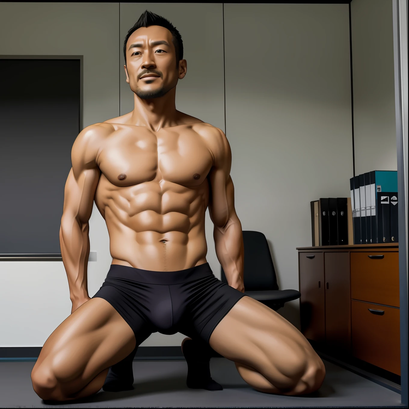 50yearsold，Hidetoshi Nakata，（Demo Mulroni 1.3），Shirtless，Tong，Bulge，office room，black long socks，Thin，musculature，lbeard，fortitude，artwork of a，tmasterpiece，k hd，ssmile，Brace your hands on the ground