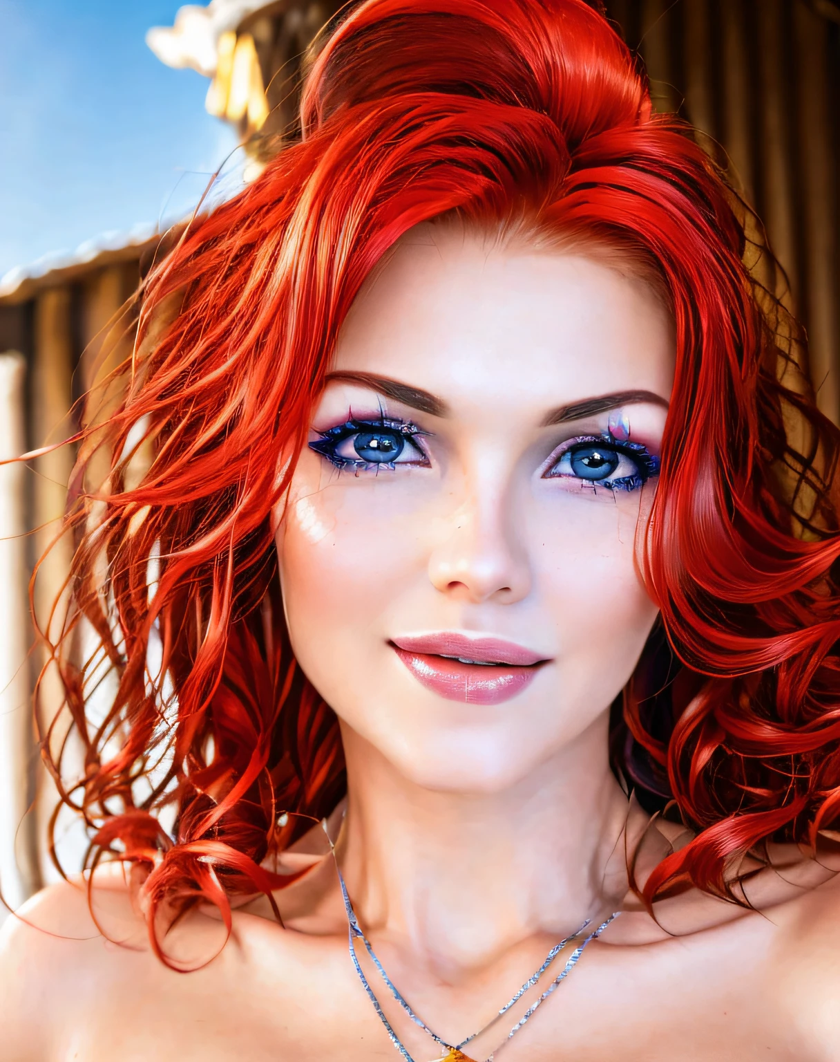 irina meier, extreme closeup, smiling at viewer, red hair, blue eyes, (8k, RAW photo, best quality, masterpiece:1.2),ultra-detailed, (high detailed skin:1.2), 8k uhd, dslr, soft lighting, high quality,