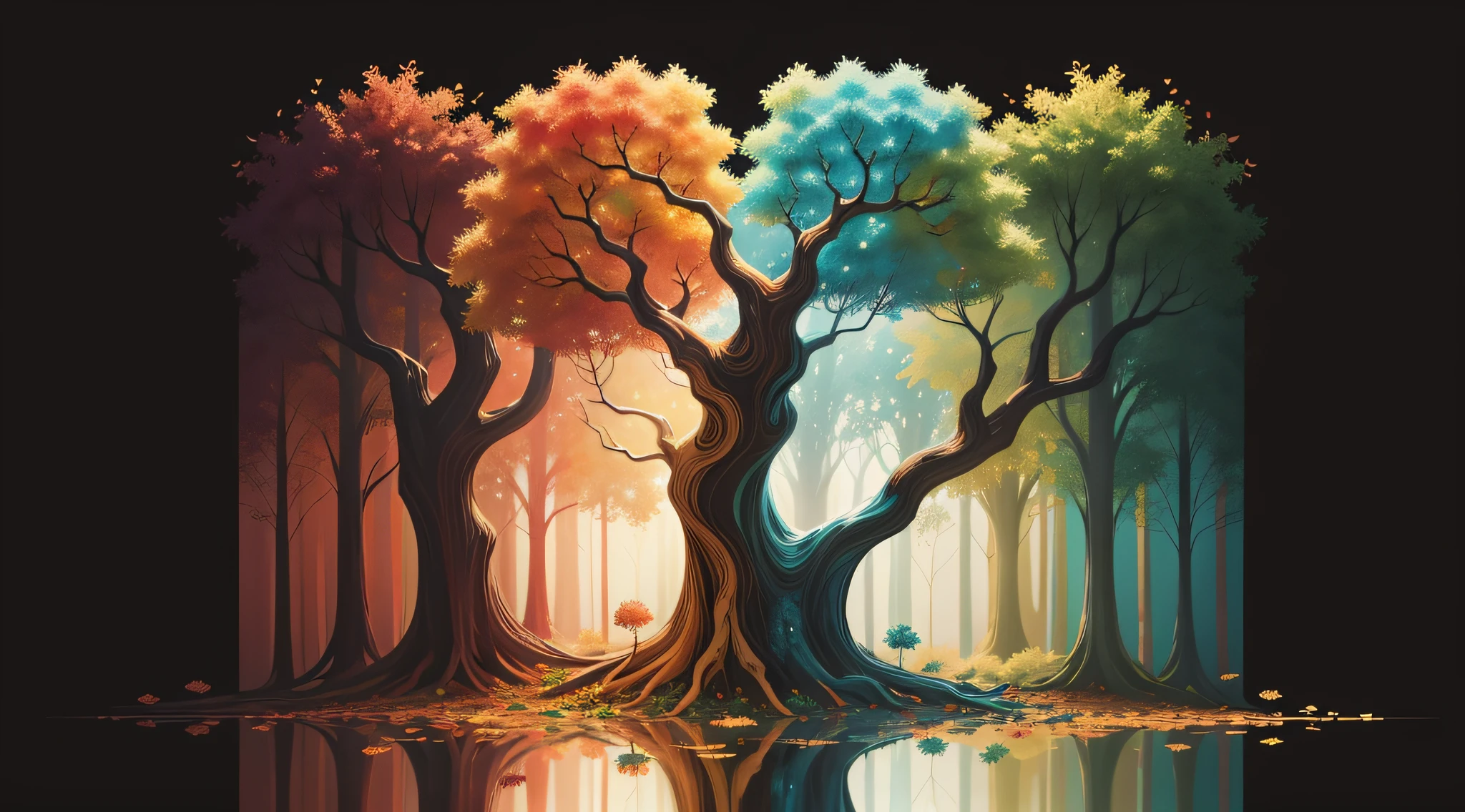 Multicolor abstract autumn tree painting . Colorful leaves forming a Tree of Life. Dark gold and aquamarine, eco, earthy color palettes, textured illustration.
