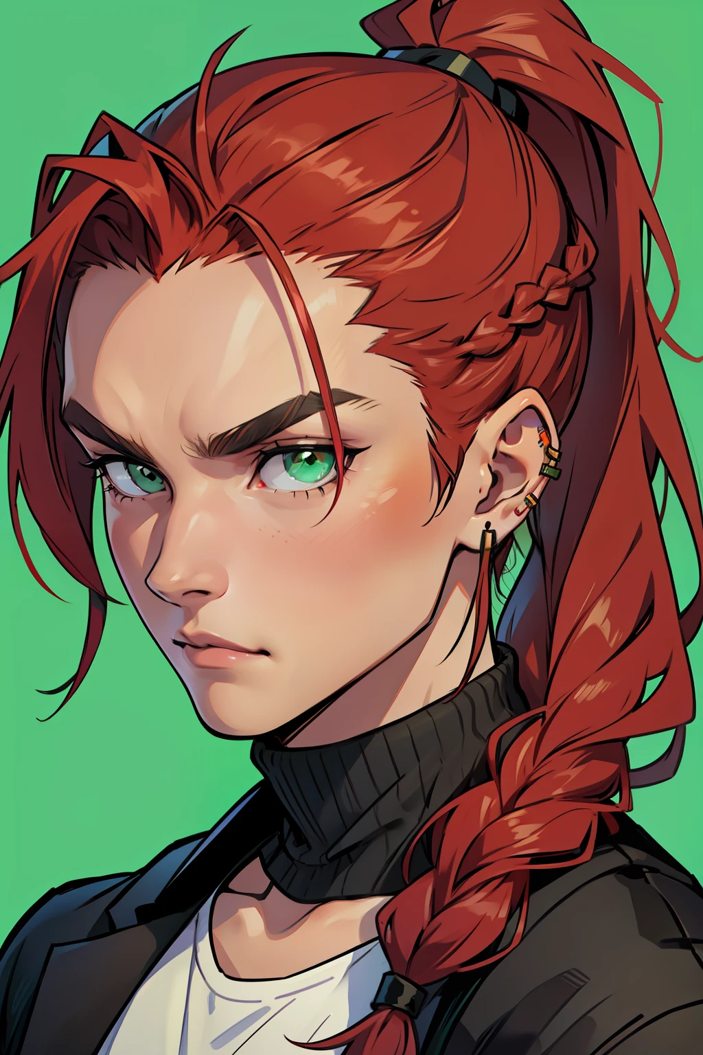 guy, red long hair, braided into a ponytail, Earring in the eyebrow, earrings in the ears, green colored eyes, Without bristles, lean
