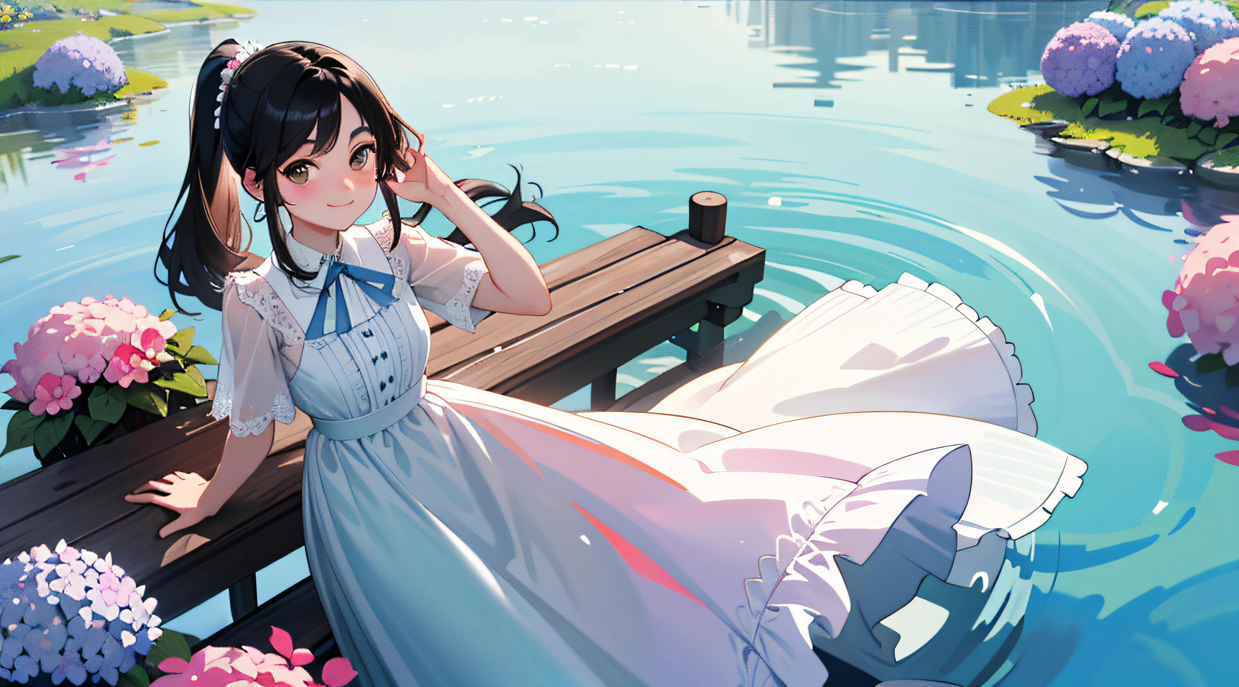 In a blue sky,There are seven rainbows of flowers in the summer daytime,and the sun was shining brightly,There is soft natural light, dingdall effect,An intimate portrait of a young girl about eighteen years old,The girl's appearance is thick eyebrows,There are big watery eyes,The girl has long black hair,Wear crossed bangs,front ponytail,The head is wearing a cartoon rabbit ear-like ornament,She blushed,Standing on a wooden pier in a pale green dress,Next to the girl there is also a cute border collie with black and white crossed colors,A wooden pier juts out onto the tranquil lake,The girl gently closed her mouth and looked at the viewer with a smile,The left hand is raised to welcome the viewer,The right hand is naturally placed on the side of the thigh,A happy smile on his face。The sun casts a warm glow on the scene,Illuminates the ripples in the water,Cast a soft shadow on the girl's face。Behind her,A sea of purple and red flowers stretches into the distance,There are peony flowers,Rosa flowers,hydrangeas,The wide variety of flowers contrasts with the pale blue sky above。Despite the tranquility of the surroundings,But there was a clear sense of joy in the girl。