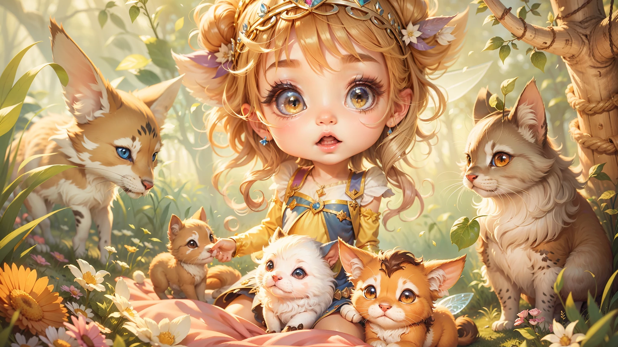 Fairy tale picture book,Cute little princess and her little animals,Dreamy,high qulity,16K resolution,(best qualtiy),(tmasterpiece),super-fine,Detailed pubic hair,Accurate