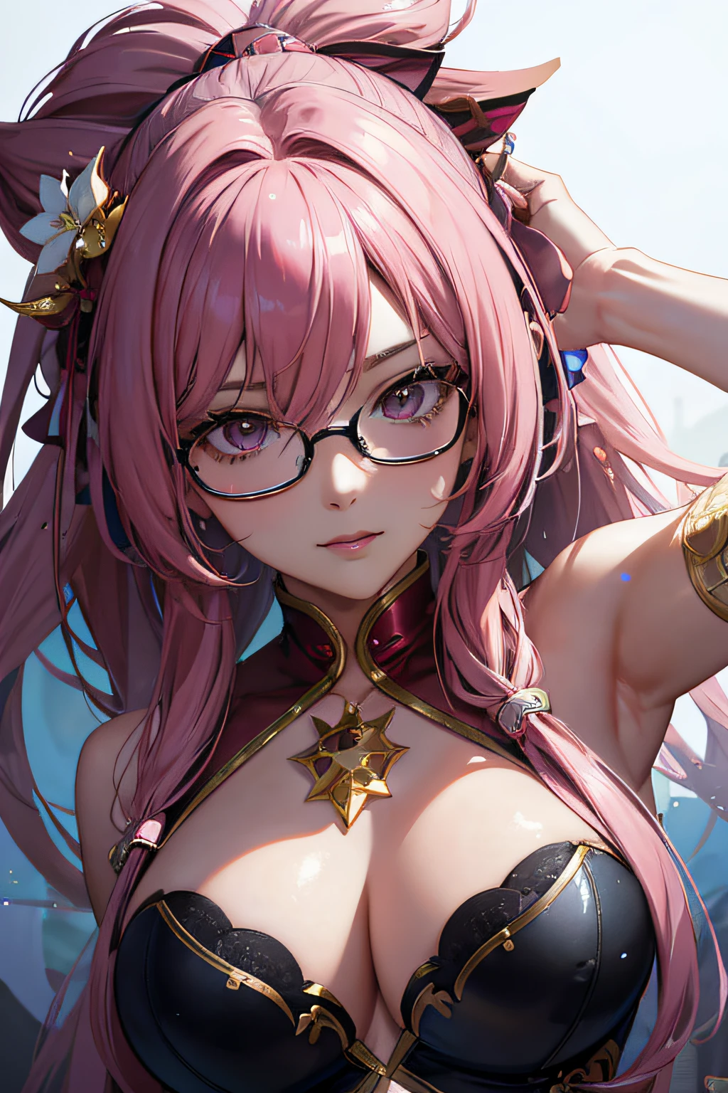 a woman with glasses and a pink hair is posing for a picture, detailed digital anime art, extremely detailed artgerm, seductive anime girl, artgerm on artstation pixiv, best anime 4k konachan wallpaper, trending on artstation pixiv, detailed anime character art, photorealistic anime girl render, 8k high quality detailed art,