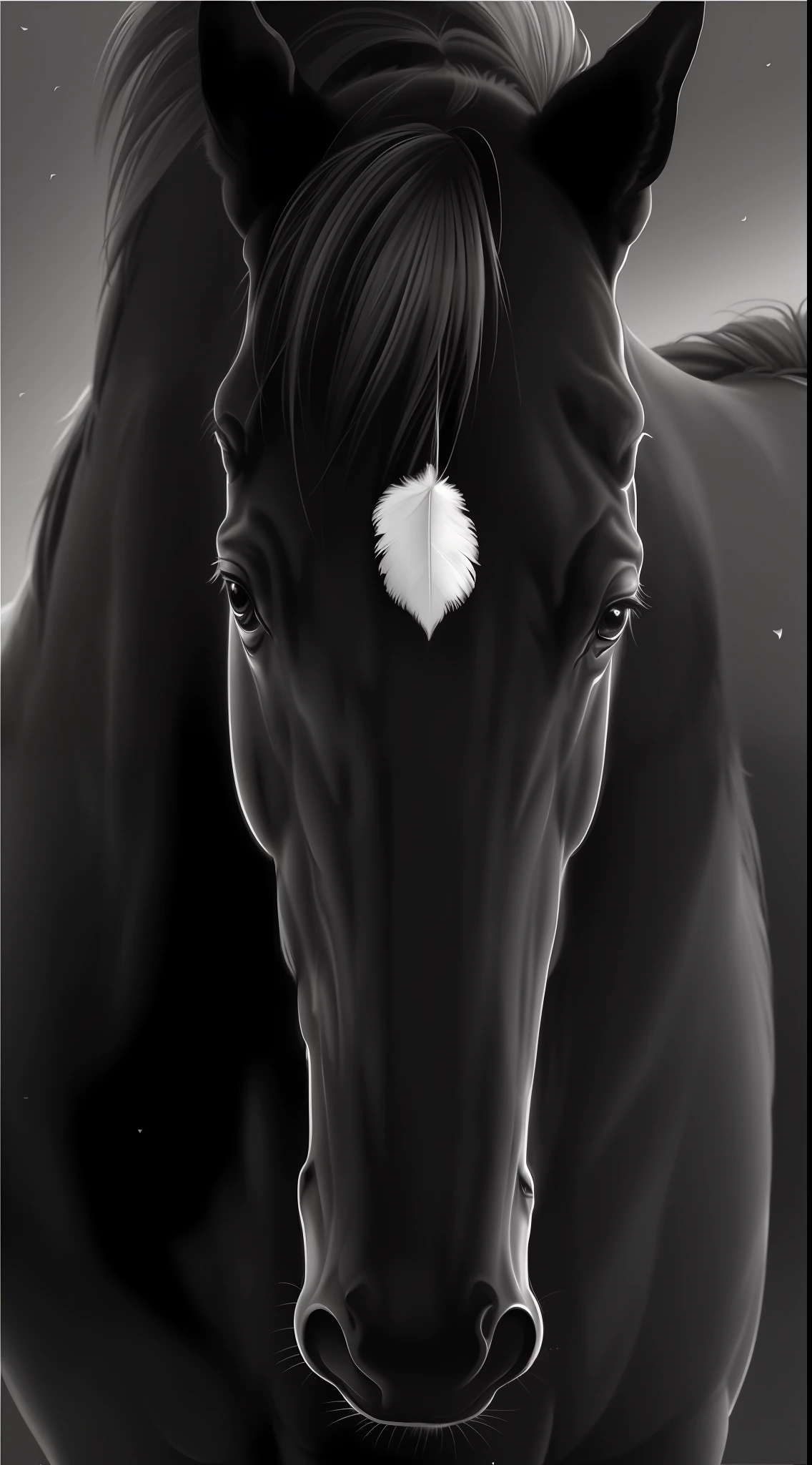 Oil painting of a horse with a white feather shaped spot on its forehead, monochromatic rough brush painting, digital horse, black and white vector art, beautiful serene horse, horse whiskers, realistic illustration, airbrush digital oil painting, elegant digital painting, horse, equine, realistic art, airbrush digital art, realistic black and white, beautiful horse, digital art animal photo, masterpiece, cinematic
