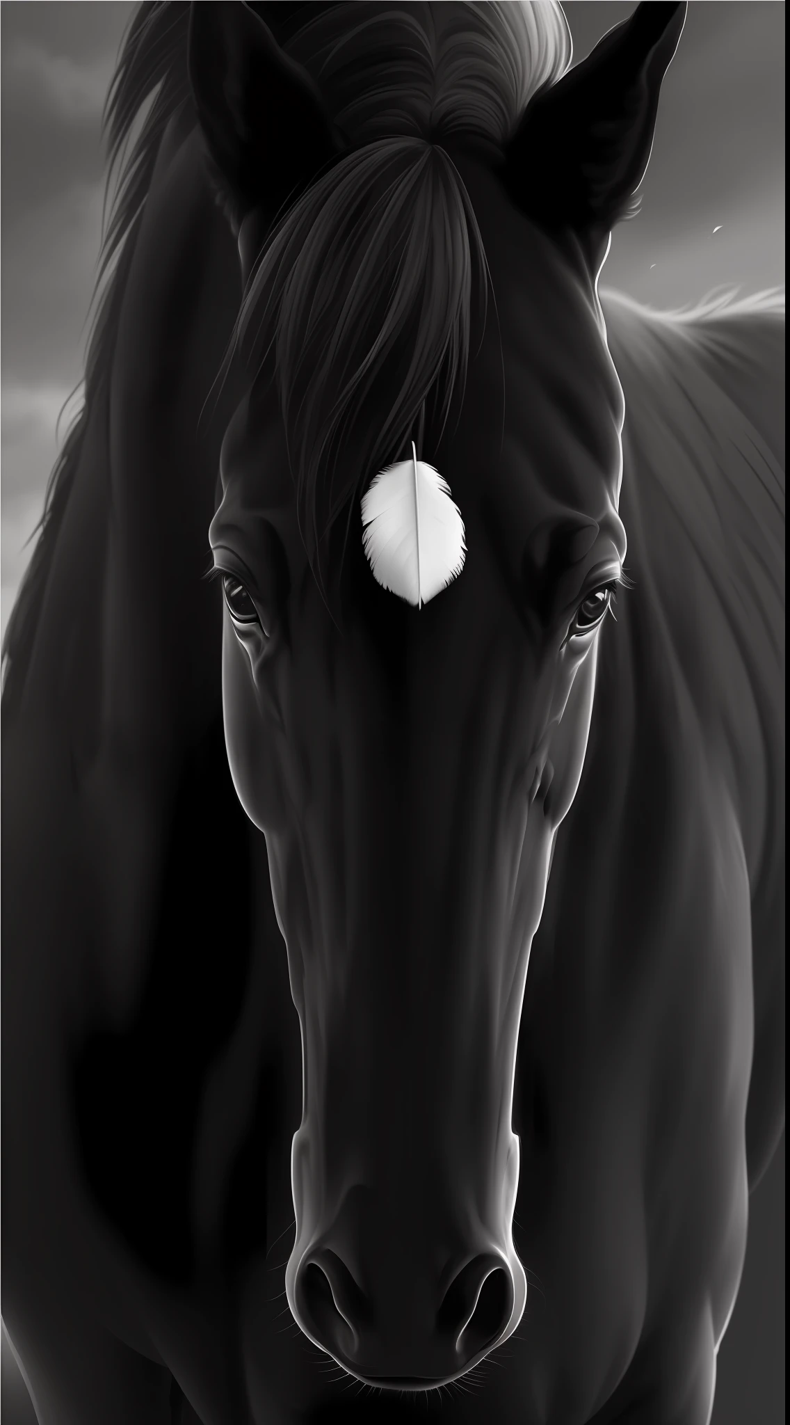 Oil painting of a horse with a white feather shaped spot on its forehead, monochromatic rough brush painting, digital horse, black and white vector art, beautiful serene horse, horse whiskers, realistic illustration, airbrush digital oil painting, elegant digital painting, horse, equine, realistic art, airbrush digital art, realistic black and white, beautiful horse, digital art animal photo, masterpiece, cinematic