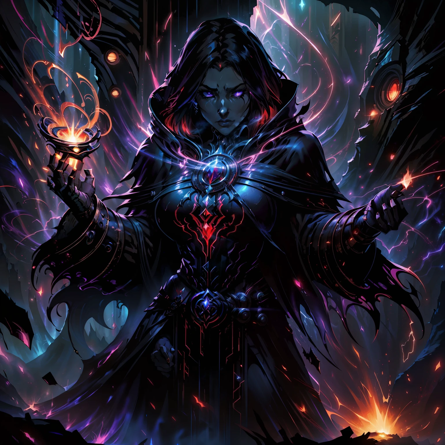 breathtaking concept art ((legendary dark mage lord)), black coat. (cave scenery), dark atmosphere, (vibrant colors), ((red sparks coming from the eyes)), eyecatching, mysterious and scary, dark fog, cave light, hd, 8k, masterpiece, trending on artstation, (depth of field), lot of details, highly detailed, style of Greg Rutkowski and Bastien Lecouffe-Deharme, award-winning, professional, highly detailed,large breasts