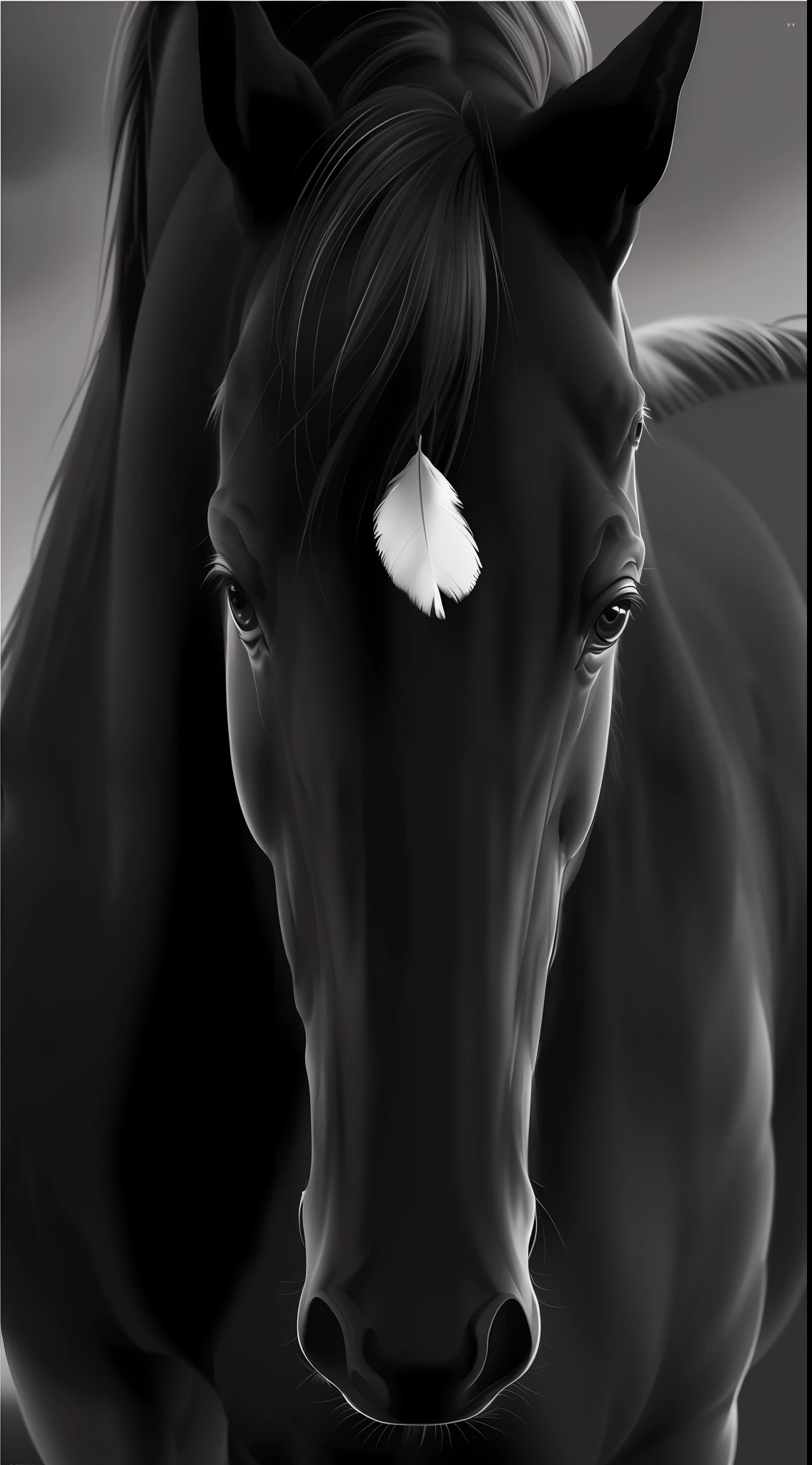 Oil painting of a horse with a white feather shaped spot on its forehead, monochromatic rough brush painting, digital horse, black and white vector art, beautiful serene horse, horse whiskers, realistic illustration, airbrush digital oil painting, elegant digital painting, horse, equine, realistic art, airbrush digital art, realistic black and white, beautiful horse, digital art animal photo, masterpiece, cinematic
