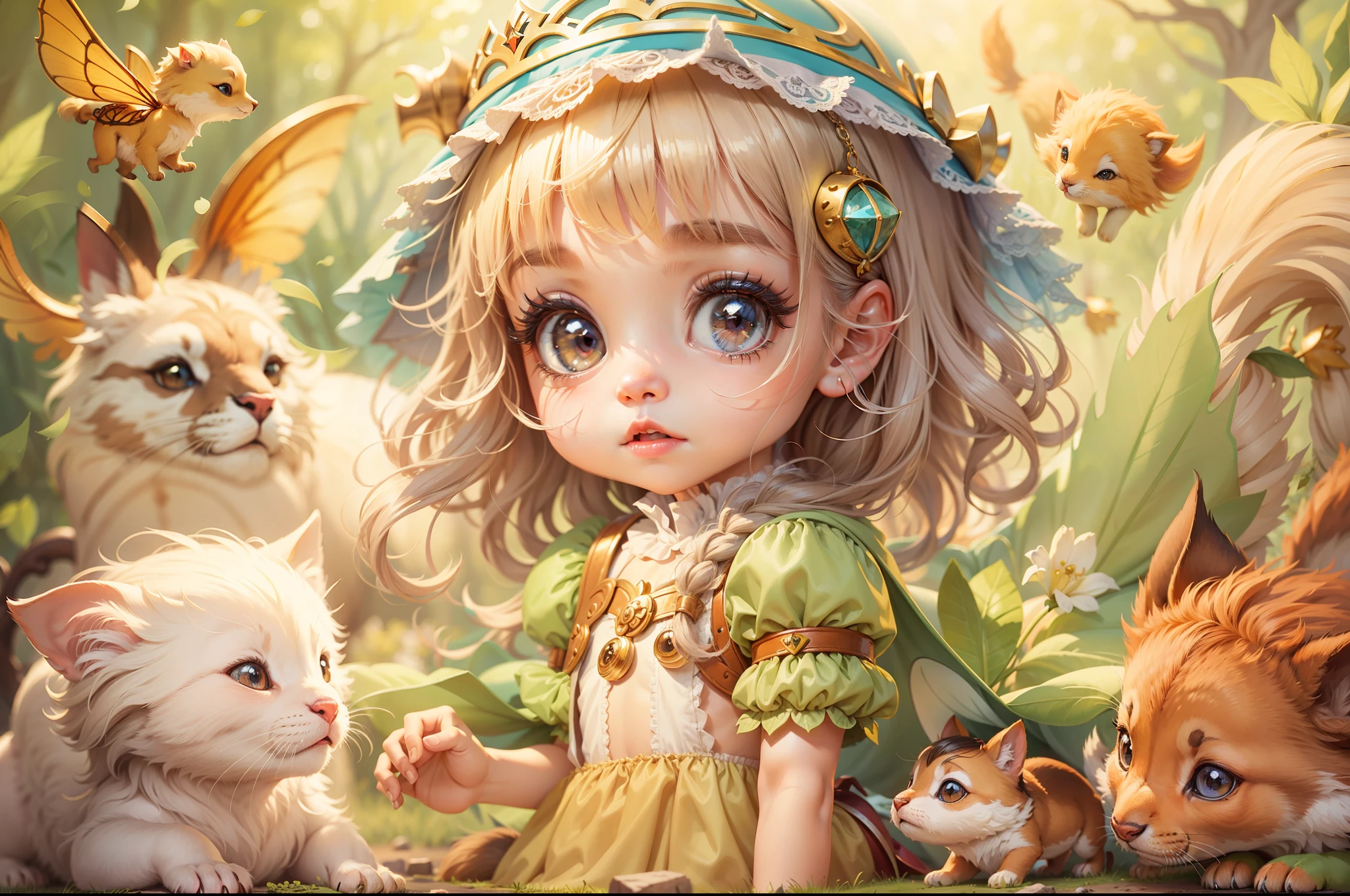 Fairy tale picture book，Cute little princess and her little animals，Dreamy，high qulity，16K resolution，（best qualtiy），（tmasterpiece），super-fine，Detailed pubic hair，Accurate