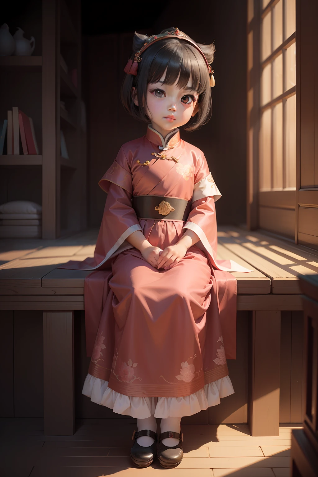 Create a character of a little Chinese princess with dark eyes and short hair, very cute and fearless, for a children's book.