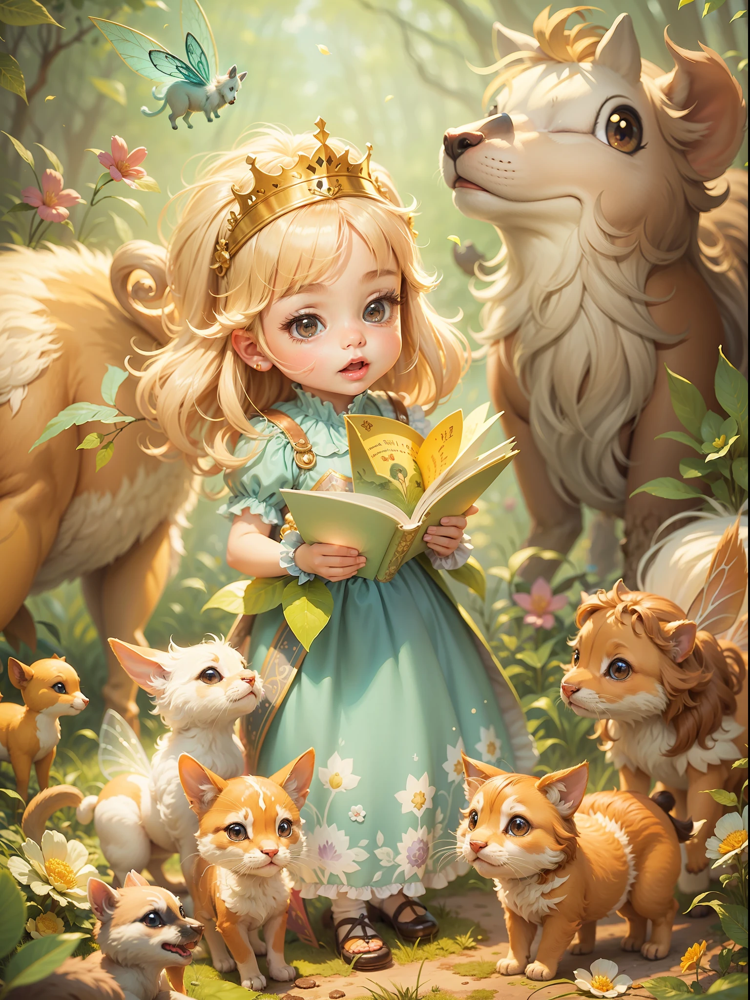 Fairy tale picture book，Cute little princess and her little animals，Dreamy，high qulity，16K resolution，（best qualtiy），（tmasterpiece），super-fine，Detailed pubic hair，Accurate