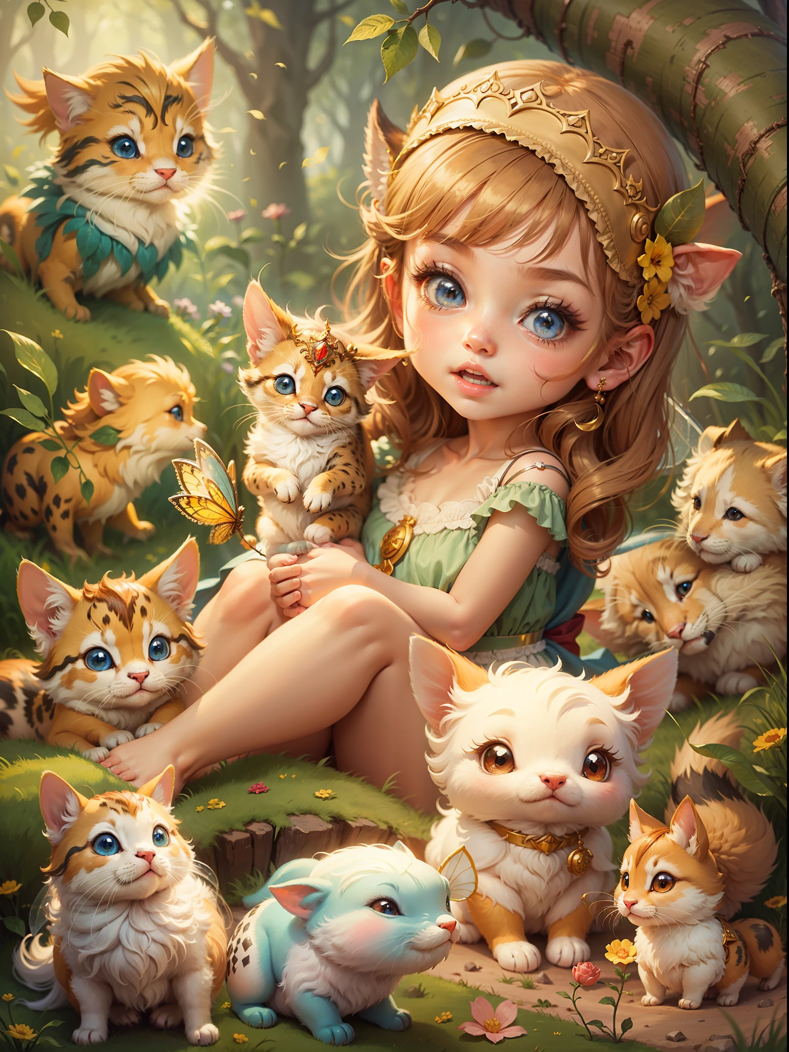 Fairy tale picture book，Cute  princess and her little animals，Dreamy，high qulity，16K resolution，（best qualtiy），（tmasterpiece），super-fine，Detailed pubic hair，Accurate