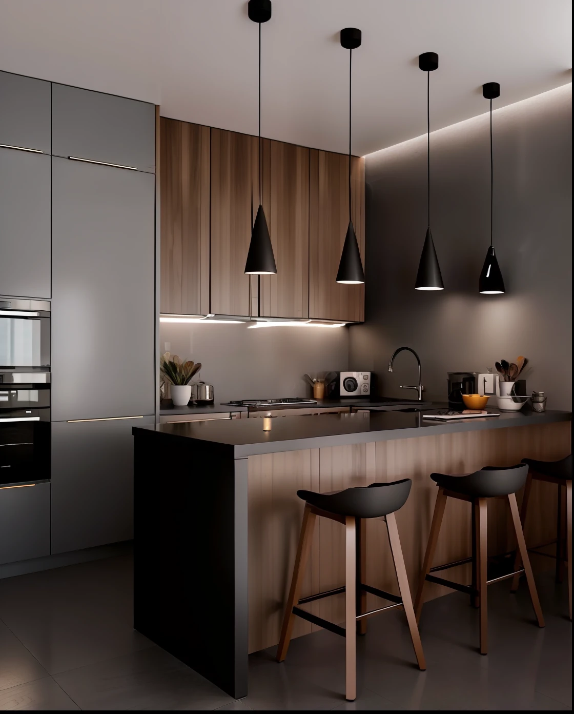 a closeup of a kitchen with counter and stools, cozinha escura, escuro e moderno, detalhes em madeira, Moody vibe, estilo moderno, materiais mistos, Cores terrosas escuras, Modern rustic, cozinha minimalista, Wooden cabinets, design moderno, esquema de cores escuro, madeira ripada vertical preta, Vibe and ioyful lighting, tons mal-humorados, moderno e minimalista, visual moderno