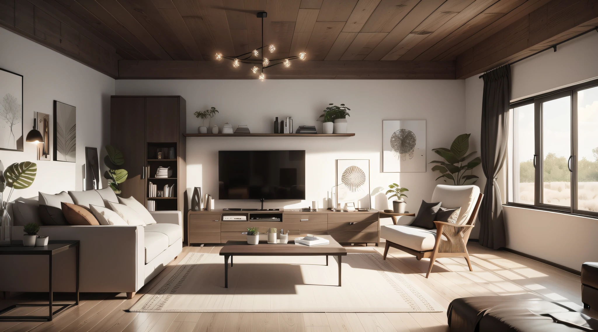 Minimalist interior design of modern living room with rustic accent pieces.