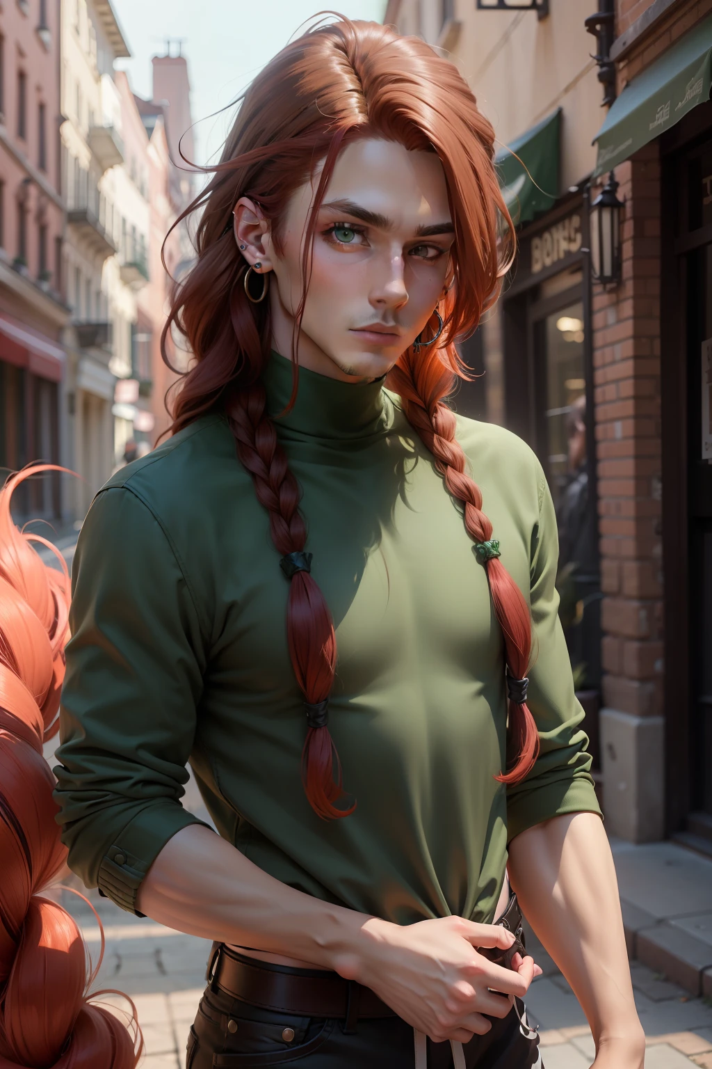 Guy, red long hair, braided into a tail, Eyebrow earring, earrings in the ears, green colored eyes, Without bristles, lean