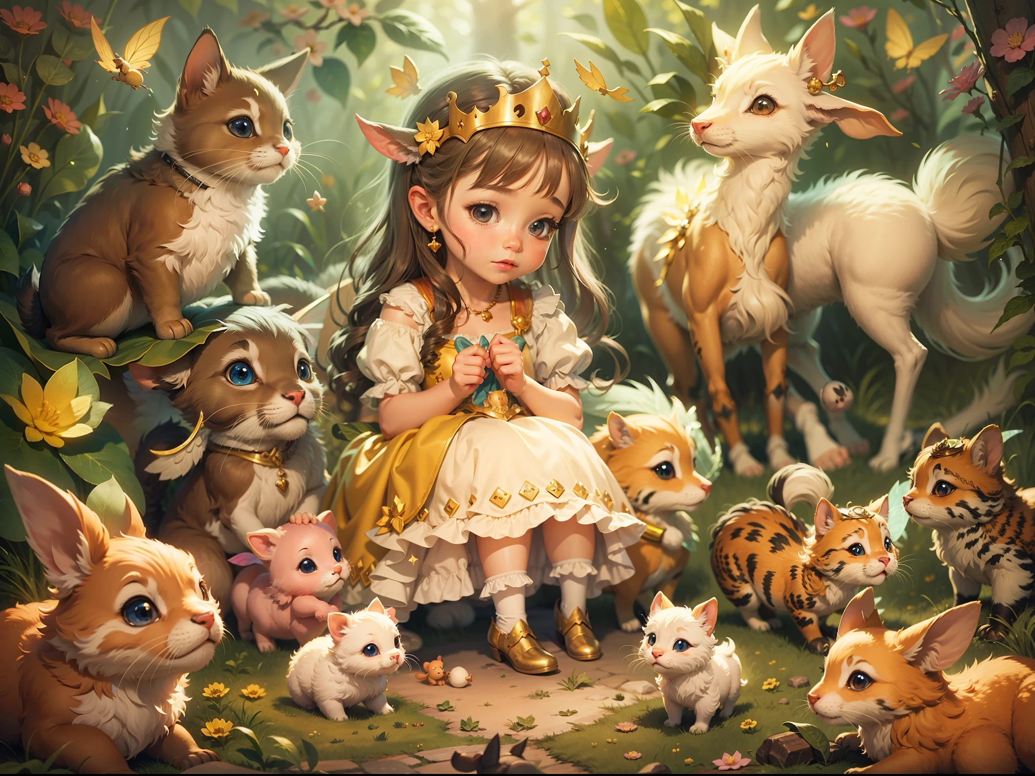 Fairy tale picture book，Cute little princess and her little animals，Dreamy，high qulity，16K resolution，（best qualtiy），（tmasterpiece），super-fine，Detailed pubic hair，Accurate