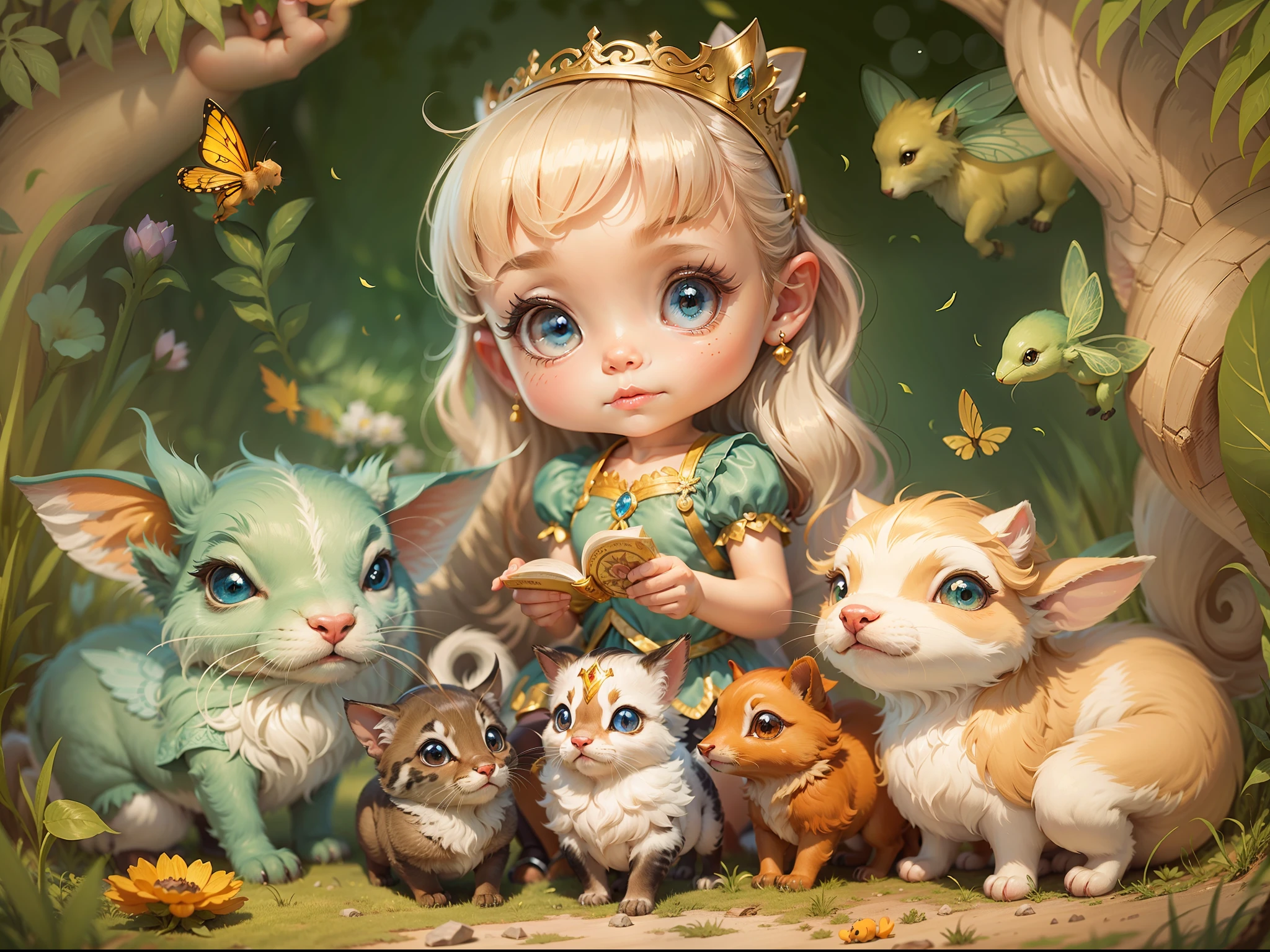 Fairy tale picture book,Cute princess and her little animals,Dreamy,high qulity,16K resolution,(best qualtiy),(tmasterpiece),super-fine,Detailed pubic hair,Accurate