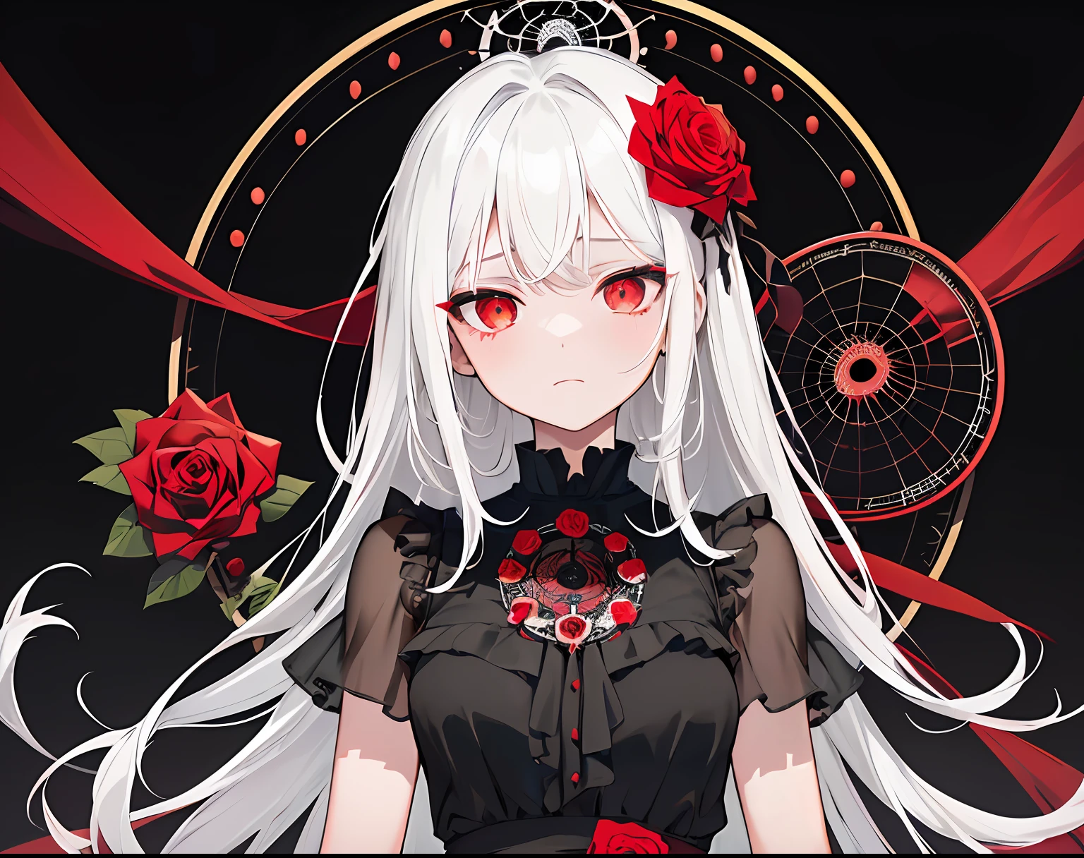 (best quality, masterpiece), (1girl, solo, black dress, standing , looking at viewer, white hair, red eyes, holding rose, closed mouth, upper body), (red dreamcatcher behind, red flower, )