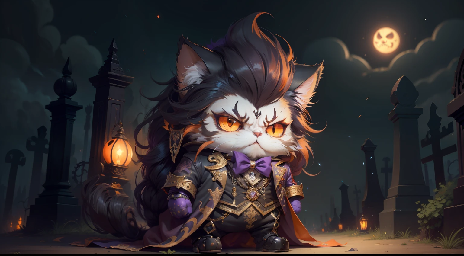 persian cat Anthropomorphic, vampire, steampunk,,, with his clothing with intricate ornamentation orange and purple,,,,, highest quality,, very angry face, body fitness, full body, long hair with braids, at night in the cemetery with fireflies