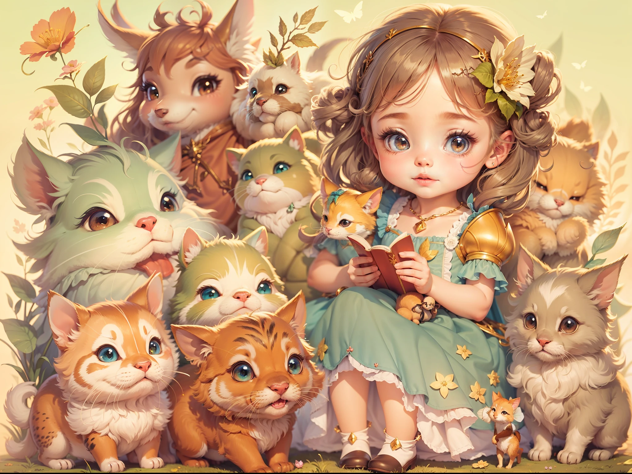 Fairy tale picture book,Cute little princess and her little animals,Dreamy,high qulity,16K resolution,(best qualtiy),(tmasterpiece),super-fine,Detailed pubic hair,Accurate