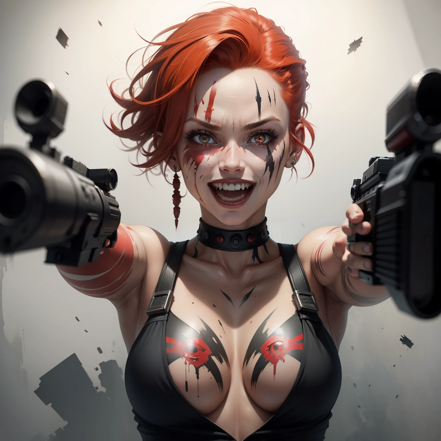 pretty woman psycho crazy laugh, holding guns pointing at camera, red eyes, crazy eyes, red hair, short hair, facepaint, scar across eye, dreadlocks, drop shadow, sideways, rotated, wide shot, anatomically correct, masterpiece, highres, high quality, high details