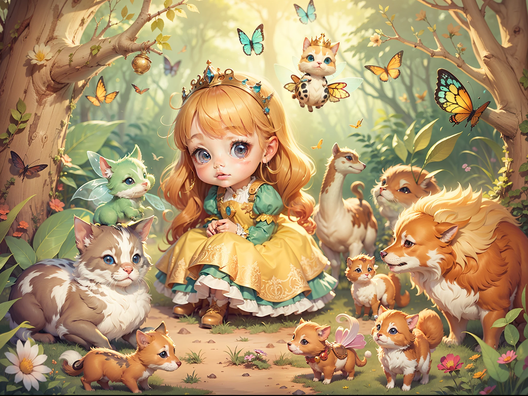 Fairy tale picture book,Cute princess and her little animals,Dreamy,high qulity,16K resolution,(best qualtiy),(tmasterpiece),super-fine,Detailed pubic hair,Accurate
