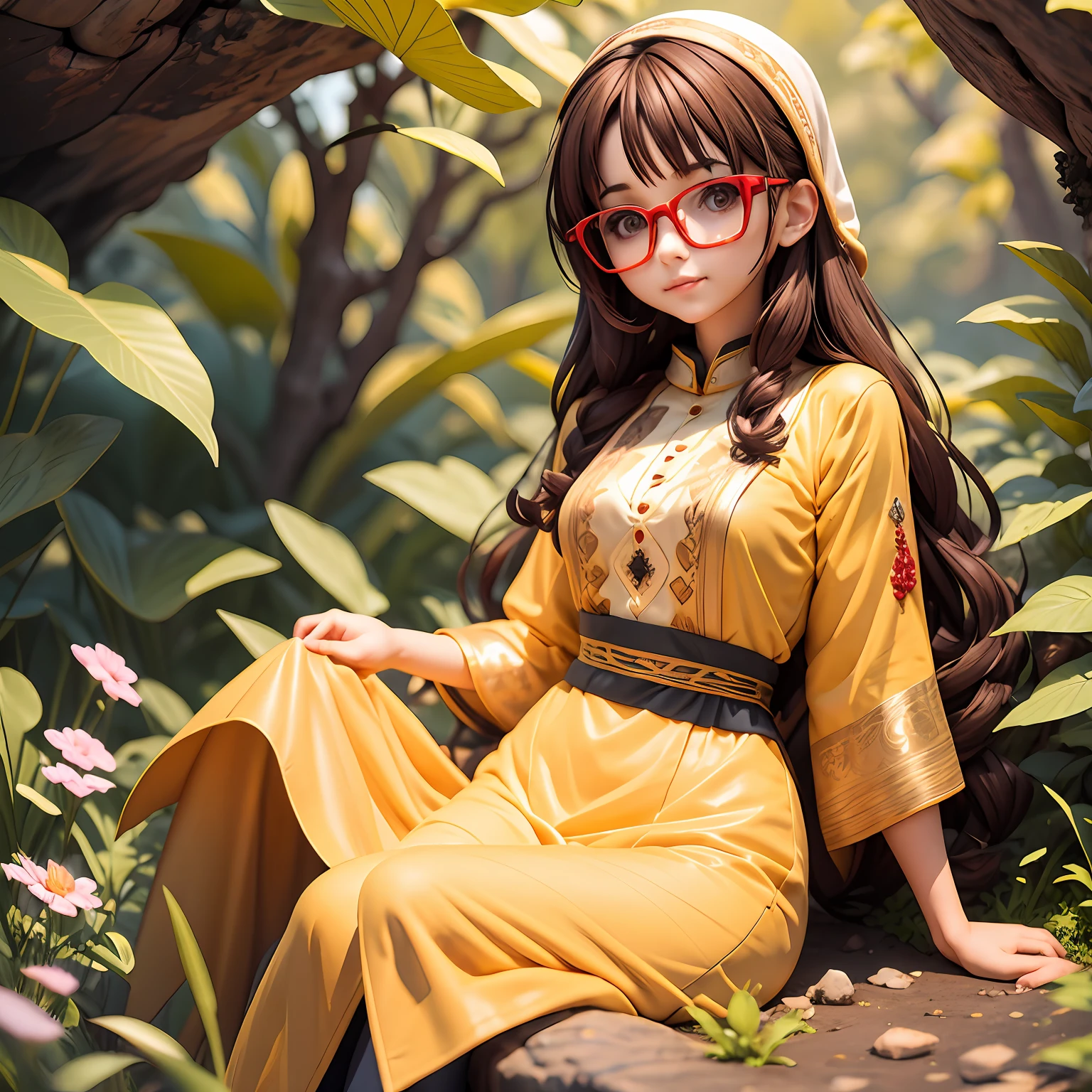 20 yo cute female in kurta, glasses, dark brown hair curo, setting of a dark cave