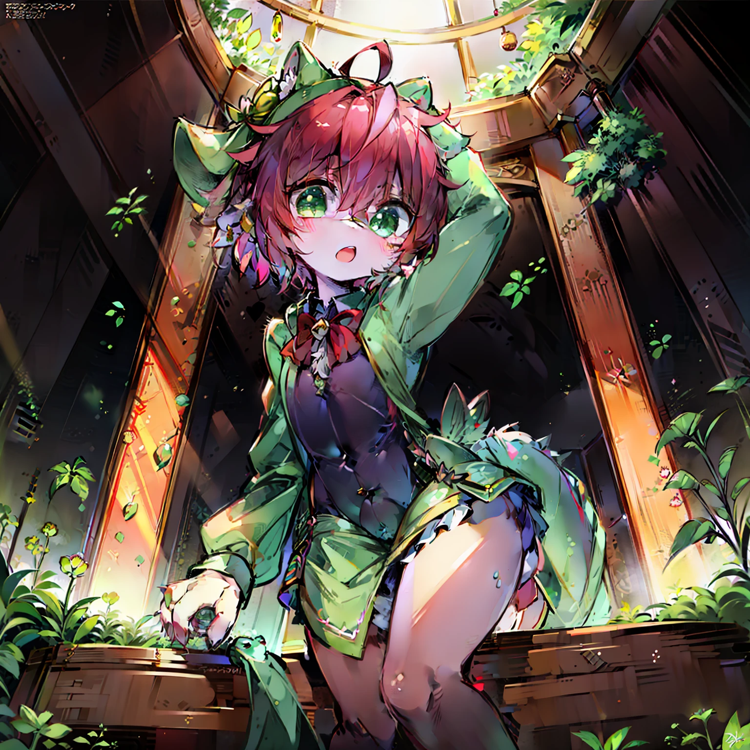 ((Masterpiece)),(Best quality),Ultra-detailed,Best Illustration,Dynamic Angle,Half body, Cute boy,Frog hood,Short light red hair，Green eyes，Frog modeling，Decoration of lotus leaves，Clover decoration