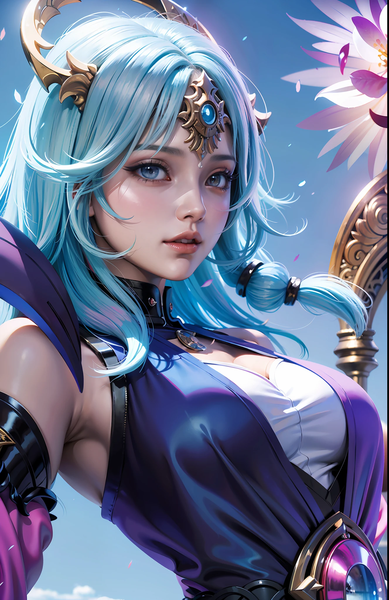 Create a magnificent and breathtaking artwork with impeccable quality, showcasing a surreal and ethereal atmosphere. Emphasize the detailed and realistic rendering, capturing the essence of beauty and elegance. Incorporate dynamic angles and poses, focusing on a single female character with mesmerizing purpel eyes and vibrant multi-colored hair. Dress her in a flowing white wuxia attire with a delicate neck ribbon. Surround her with a dreamlike scenery of water droplets, floating clouds, and twilight skies. Achieve a watercolor-like effect in this high-resolution, widescreen composition.