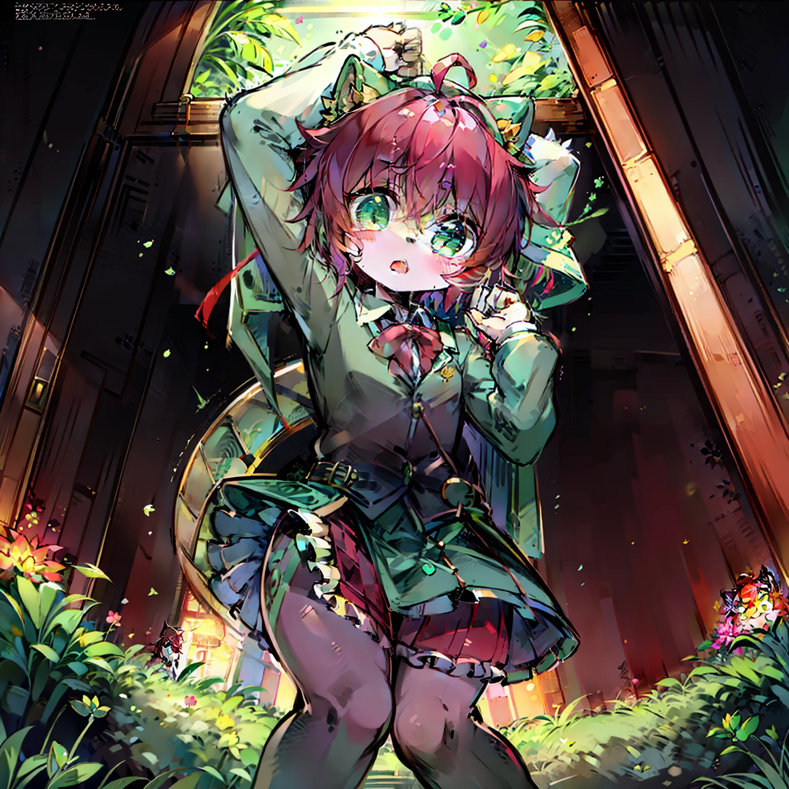 ((Masterpiece)),(Best quality),Ultra-detailed,Best Illustration,Dynamic Angle,Half body, Cute boy,Frog hood,Short light red hair，Green eyes，Frog modeling，Decoration of lotus leaves，Clover decoration