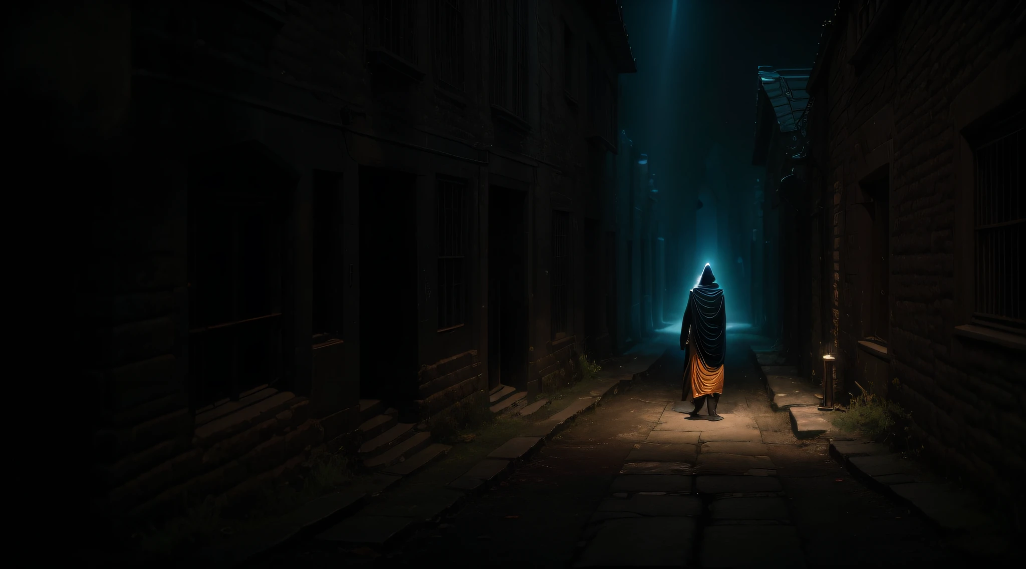 an image that conveys a mysterious and ominous atmosphere. The scene is set in an old, desolate, stone-walled alleyway, reminiscent of the mid-journey. It's as if I've been there. Emerging from the darkness is an elderly figure resembling Swami Samarth Maharaj, shrouded in shadows, and barely visible due to the darkness. From behind him, a faint glimmer of light breaks through the darkness. The picture should be captured in a style evocative of DaVinci Resolve and taken as if through the lens of a djimavic 3 pro