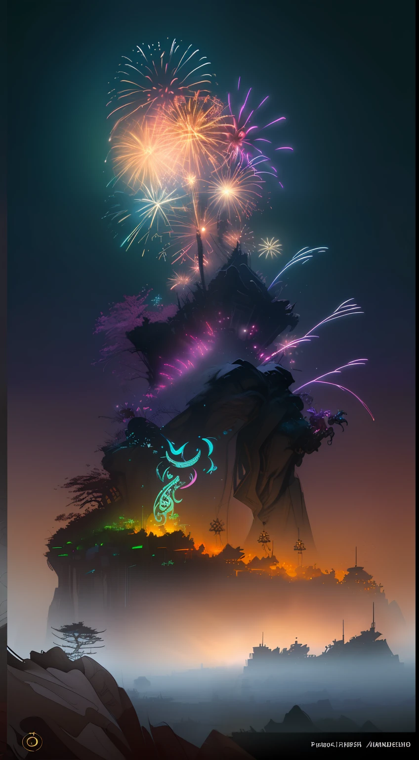 **In the style of hideo kojima, A vibrant fireworks display illuminating the night sky during a summer festival, japanese shodo style, symbolizing the transient beauty of life, locked in a powerful hold. Vivid digital art rendering 32k UHD, professional photography, Hasselblad camera, ultra - sharp Intricate details, , WLOP, Alphonse Mucha dynamic lighting hyperdetailed intricately detailed Splash art trending on Artstation triadic colors Unreal Engine 5 volumetric lighting intricate details, HDR, beautifully shot, hyperrealistic, sharp focus, 64 megapixels, perfect composition, high contrast, cinematic, atmospheric, moody Hyperrealistic, splash art, concept art, mid shot, intricately detailed, color depth, dramatic, 2/3 face angle, side light, colorful background Pixar, Disney, concept art, Maya 3D, ZBrush Central 3D shading, bright colored background, radial gradient background, cinematic, Reimagined by industrial light and magic, 4k resolution post processing trending on Artstation Unreal Engine 3D shading shadow,show Japan in festival