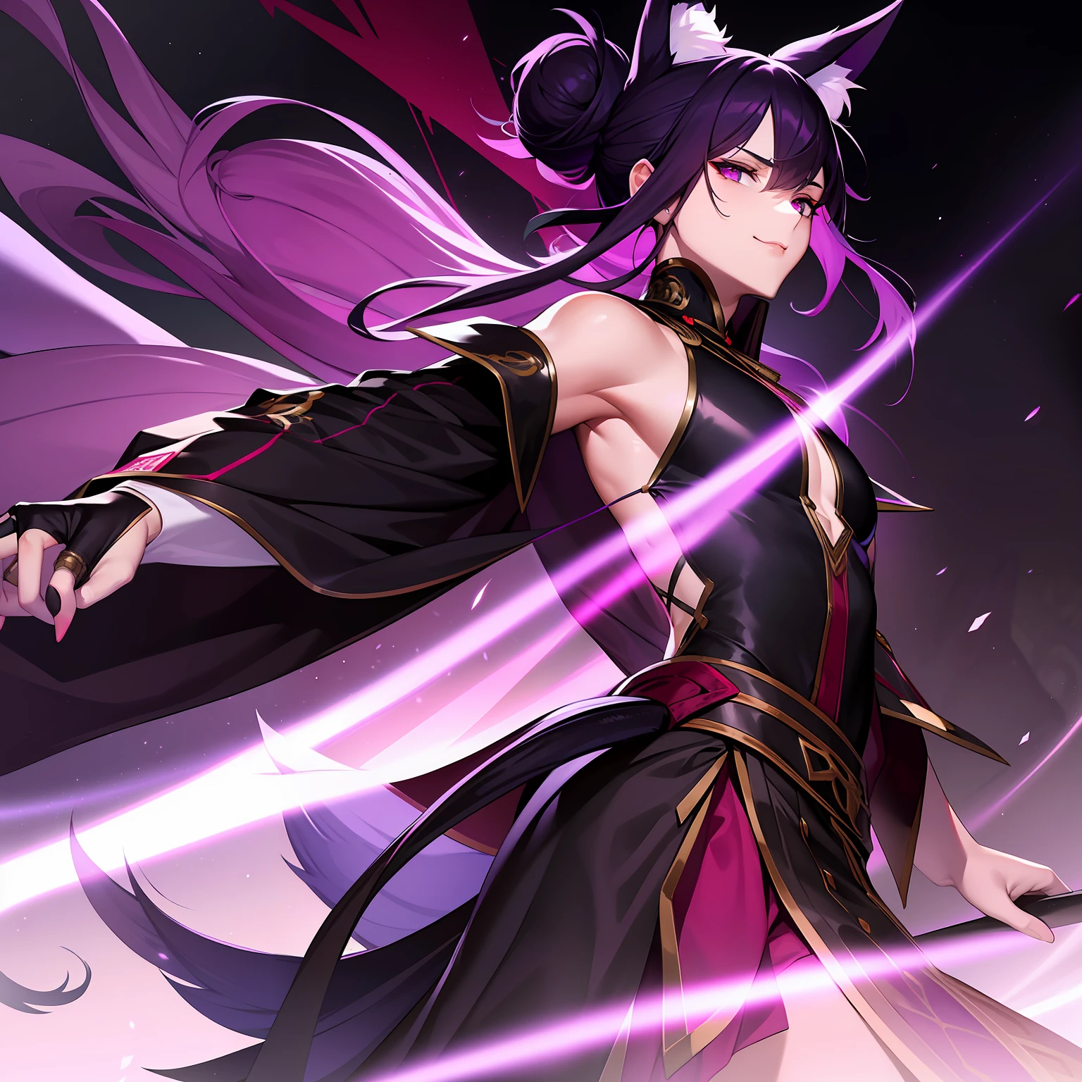 A young guy, cute facial features, dark purple hair gathered in a low bun, faded red eyes, white strict clothes with free light sleeves with lots of jewelry, long black gloves, fox ears and tail, calm gentle smile