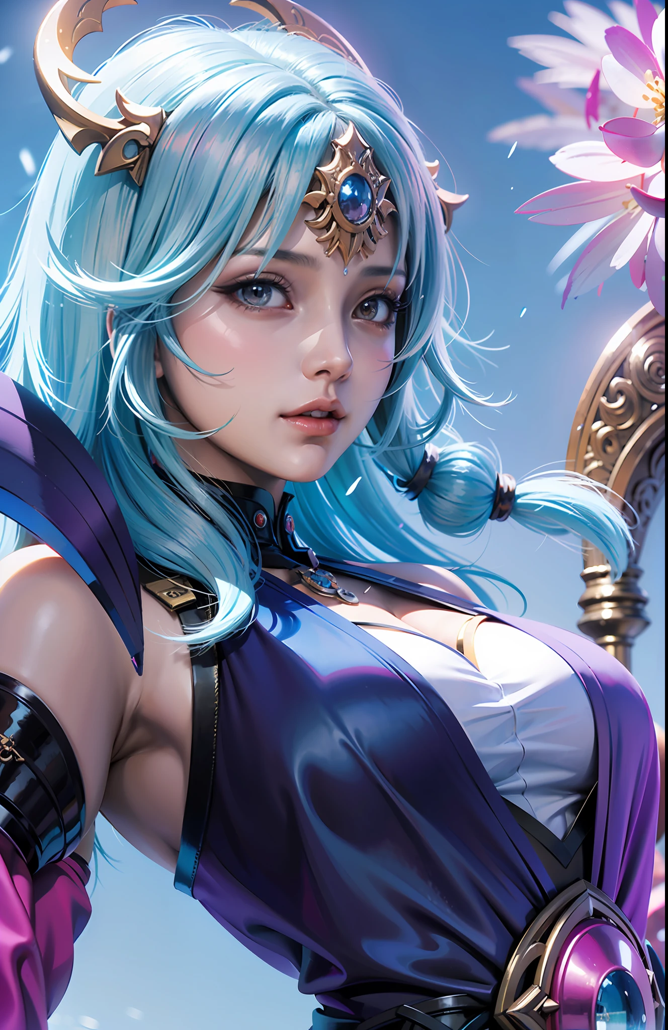 Create a magnificent and breathtaking artwork with impeccable quality, showcasing a surreal and ethereal atmosphere. Emphasize the detailed and realistic rendering, capturing the essence of beauty and elegance. Incorporate dynamic angles and poses, focusing on a single female character with mesmerizing purpel eyes and vibrant multi-colored hair. Dress her in a flowing white wuxia attire with a delicate neck ribbon. Surround her with a dreamlike scenery of water droplets, floating clouds, and twilight skies. Achieve a watercolor-like effect in this high-resolution, widescreen composition.