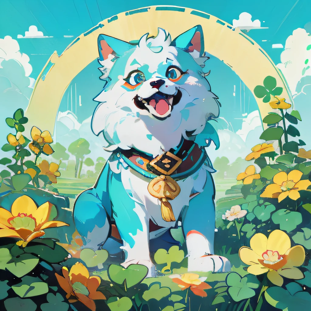 A happy, light blue Chinese fu dog surrounded by shamrocks, Forest, Terraces, Clouds, Wide Angle, Pioneer, Dirt Road, Traveling Merchant, Back, Go Forward, Wooden Cane, Ray Tracing, Comics, 3D Rendering, Cartoon, Cute Style, Sunny, Outdoor, Detailed, 4K, HD, High Quality