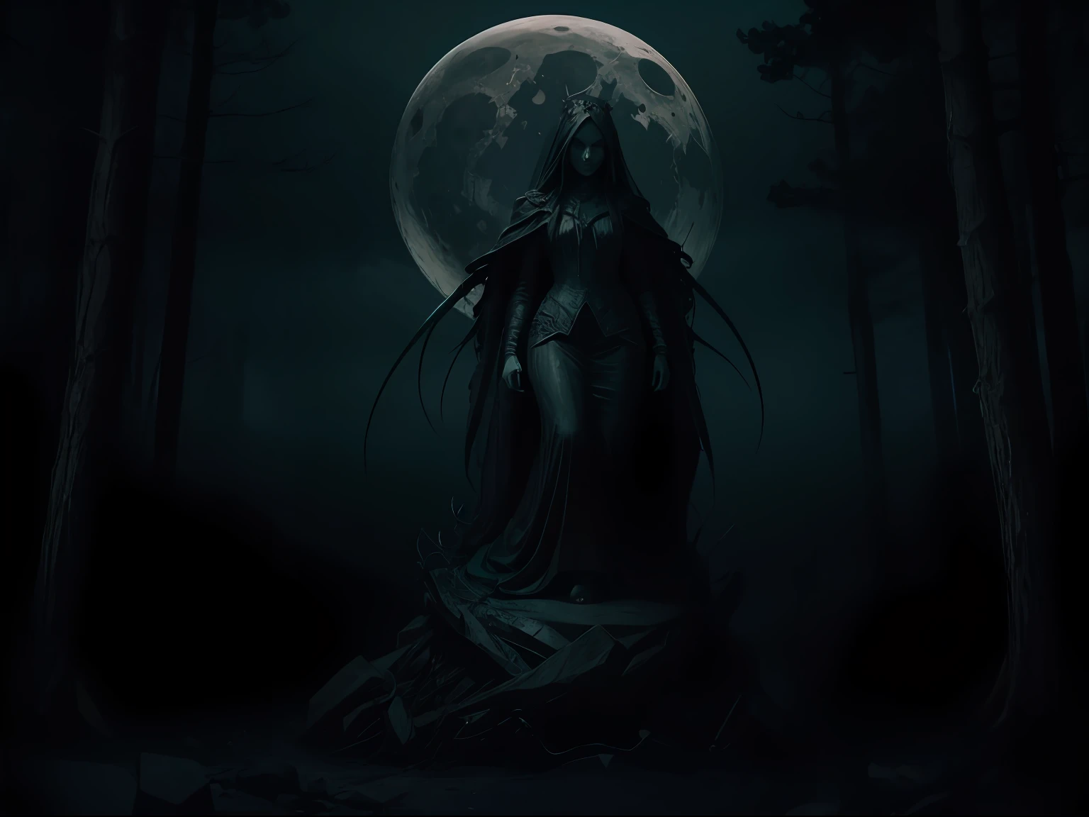 A TERRIFYING STATUE of a woman reluctant at night with the moon in the background in a dark and macabre forest, Clima denso, gothic horror vibes, arte de fantasia de terror, cores mortas