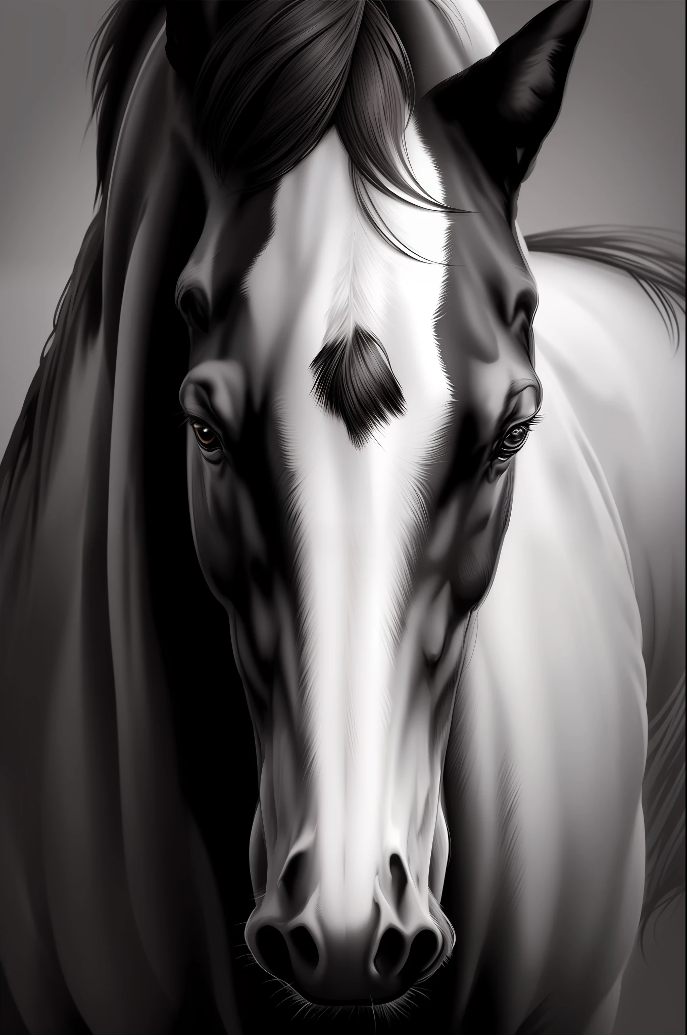 Oil painting of a horse with a white feather shaped spot on its forehead, monochromatic rough brush painting, digital horse, black and white vector art, beautiful serene horse, horse whiskers, realistic illustration, airbrush digital oil painting, elegant digital painting, horse, equine, realistic art, airbrush digital art, realistic black and white, beautiful horse, digital art animal photo, masterpiece, cinematic