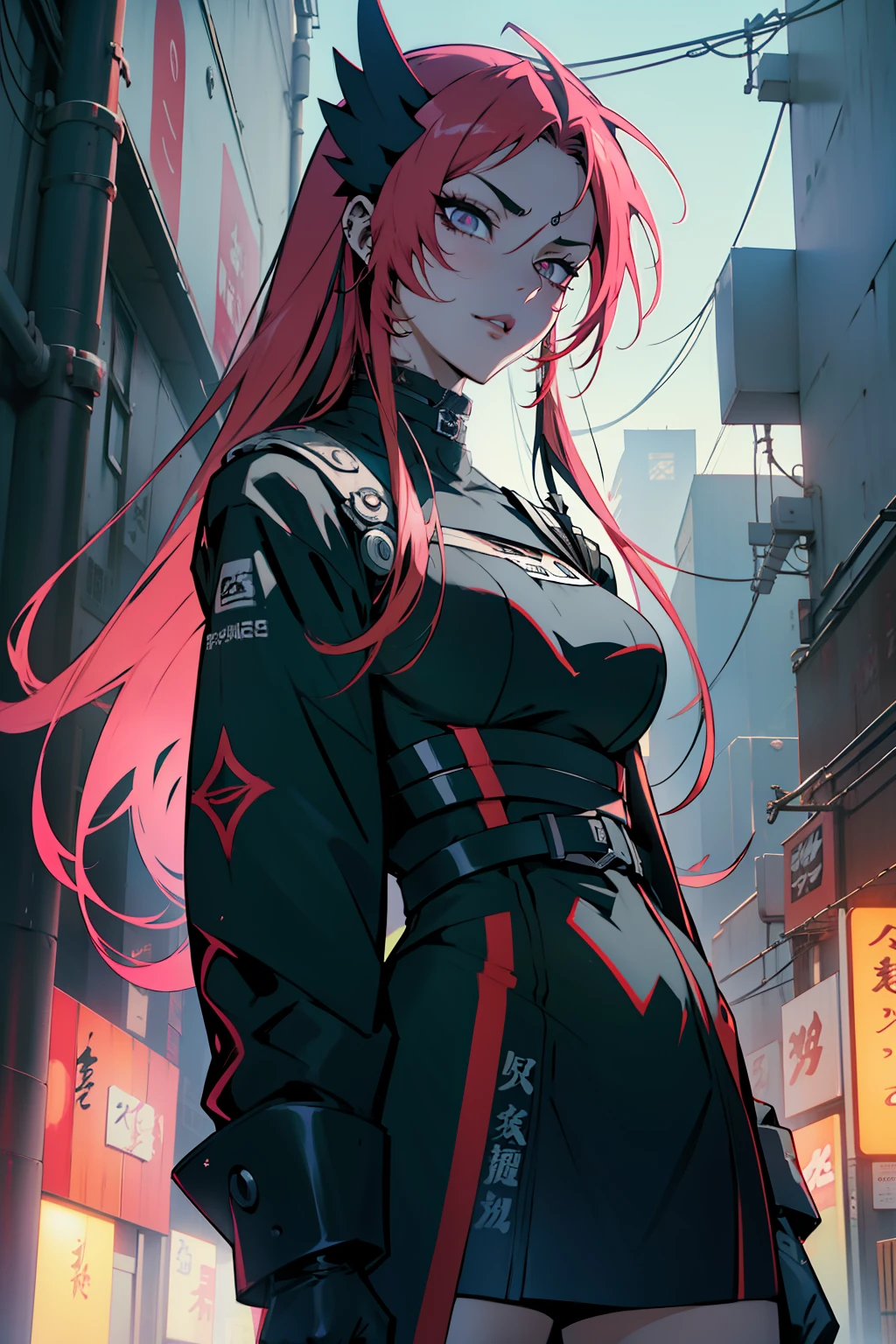 Menina anime no vestido de quimono vermelho andando por uma rua movimentada, estilo anime 4K, estilo anime. 8k, badass anime 8 k, Digital anime illustration, arte digital estilo anime, arte digital do anime cyberpunk, Anime Art Wallpaper 8K, Papel de parede anime 4k, illustration Anime style, Anime Art Wallpaper 4K, Anime Art Wallpaper 4K, arte cyberpunk anime ((melhor qualidade)), ((obra-prima)), (altamente detalhado:1.3) travesso, Pale woman with long, cabelo preto com mechas vermelhas cereja e franja, olhos verdes, pale skinned, beautifull lips, usando um vestido preto e jaqueta de couro com uma chocker dourada, cabelo vermelho, Malicious and serious face, Beautiful woman on a Tokyo city street at night full of neon lights, olhos verdes e bonitos, roupas elegantes e descoladas, rosto mais maduro, mulher bonita e sexy