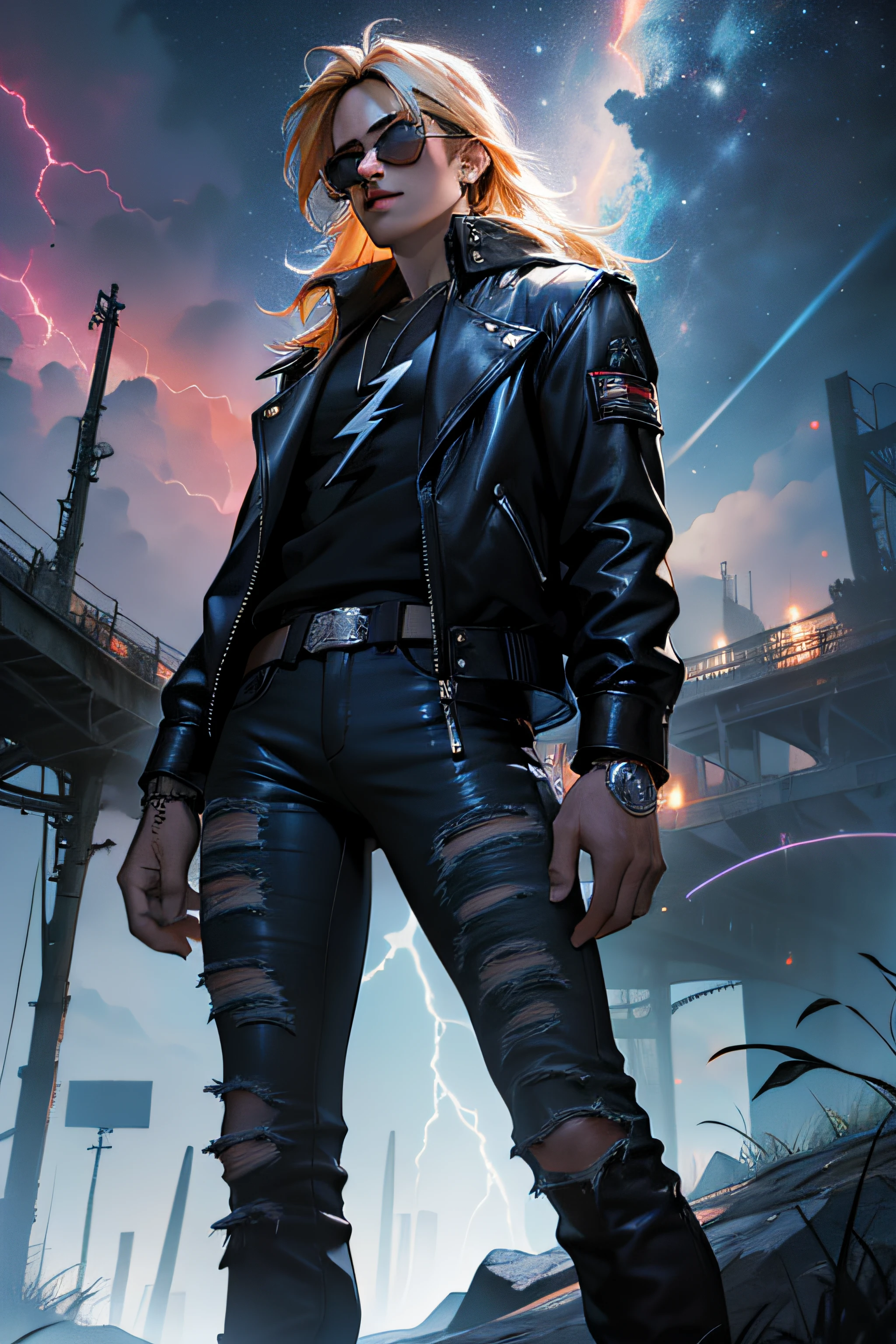 1 solo Axl Rose with leather jaketa clothes and black jeans, with sunglasses, raios ao redor de si, thunders, thunders , cabelo blond, roupas pretas, vestes pretas, Nebula and smoke, pano preto, both hands together holding a lightning bolt, a thunder, tempo fechado, tempo nublado, Tempo escuro, Cidade, raios ao redor , com o planeta terra no fundo, and lightning in the hand
