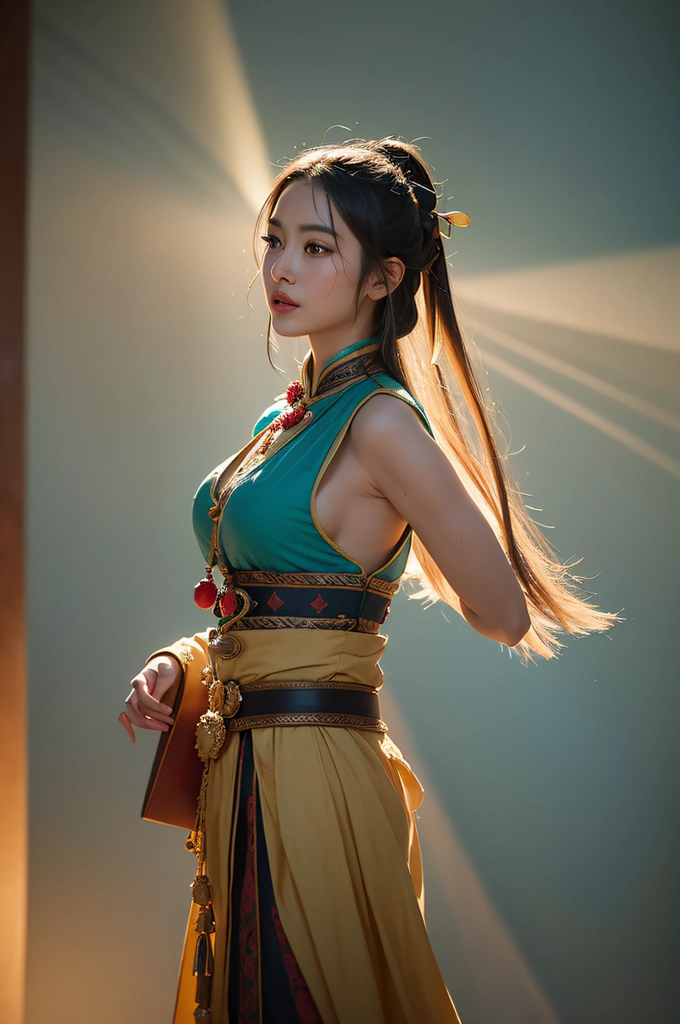 1girl, Dunhuang Flying Apsaras costume, messy long hair, Ji Jian, Dunhuang style, a lot of smoke, superb, elegant colors, (realistic, high detail, masterpiece, super detailed, dynamic angle, mural background, ink wash, amazing, movie lighting, illustration, chiaroscuro, backlighting, god rays, holland, best quality, best quality