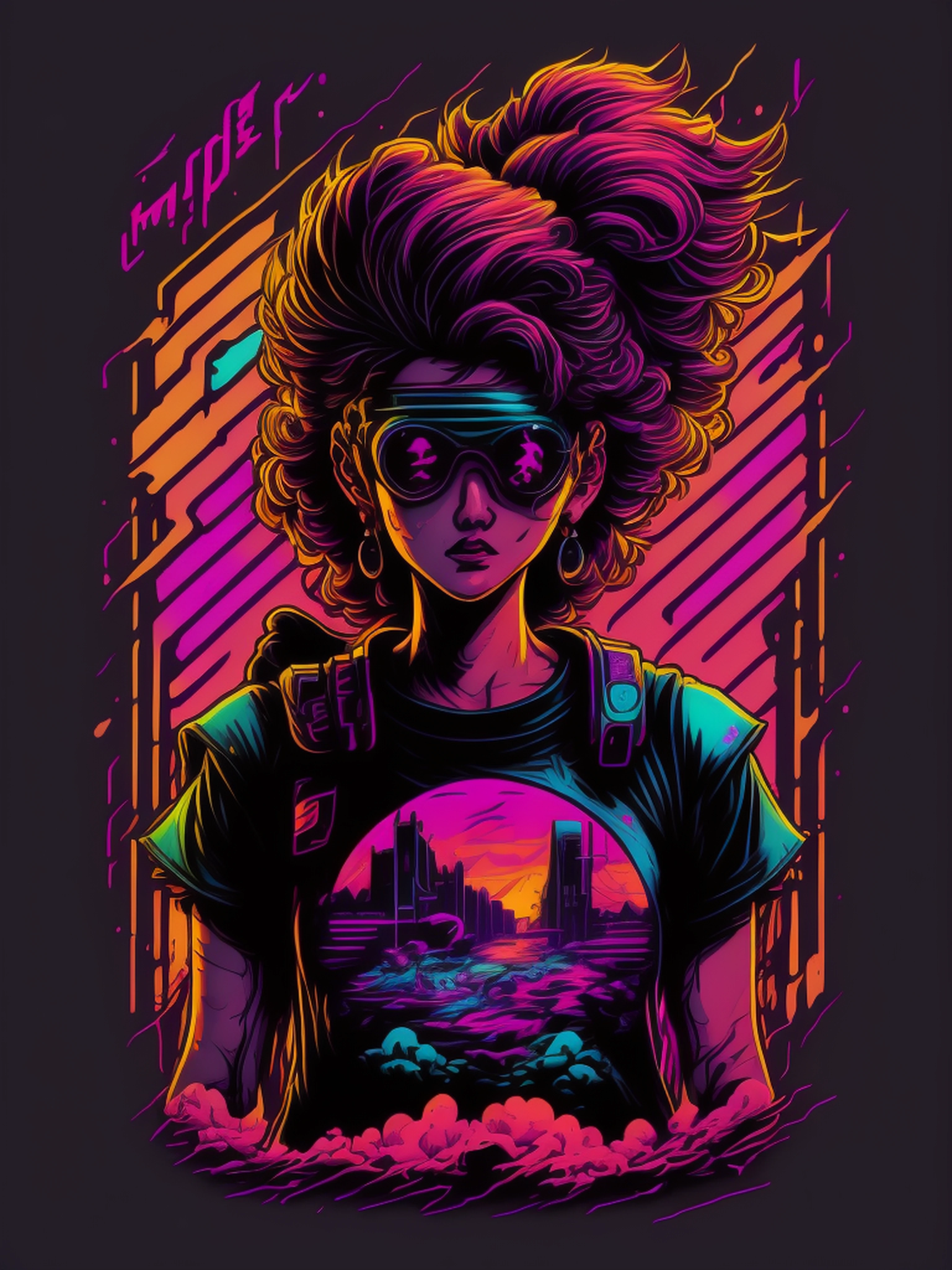 retrowave maya character design,sticker,Full body shot ,anime style, Trigger Studio style, manga art, comics, inking, graffiti art, graphic, neon colors, golden ratio composition, design for tshirt