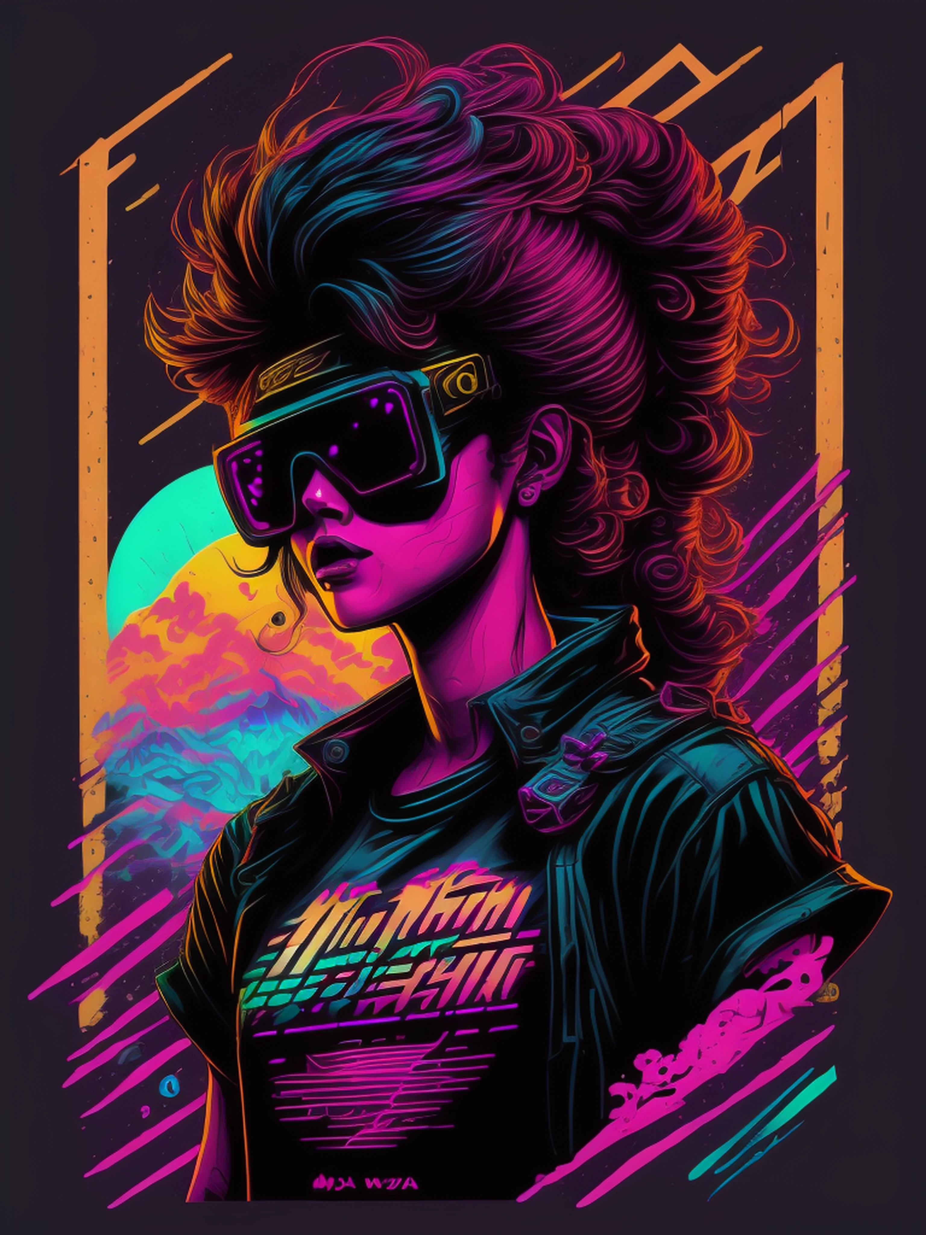 retrowave maya design de personagem, adesivo, tiro de corpo inteiro, estilo Trigger Studio, quadrinhos,  mulher punk, tinta, arte graffiti, graphic, cores neon, Golden proportion composition, design para tshirt