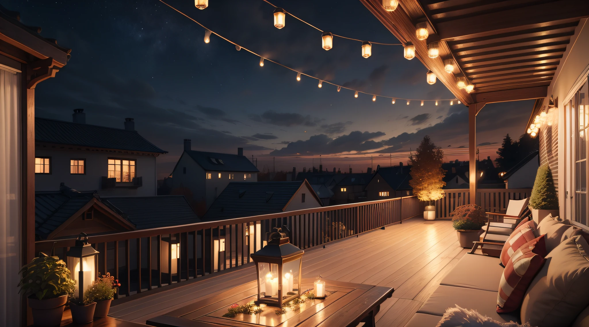 View over cozy outdoor terrace with outdoor string lights. Autumn evening on the roof terrace of a beautiful house with lanterns, digital ai art
De Viks_jin