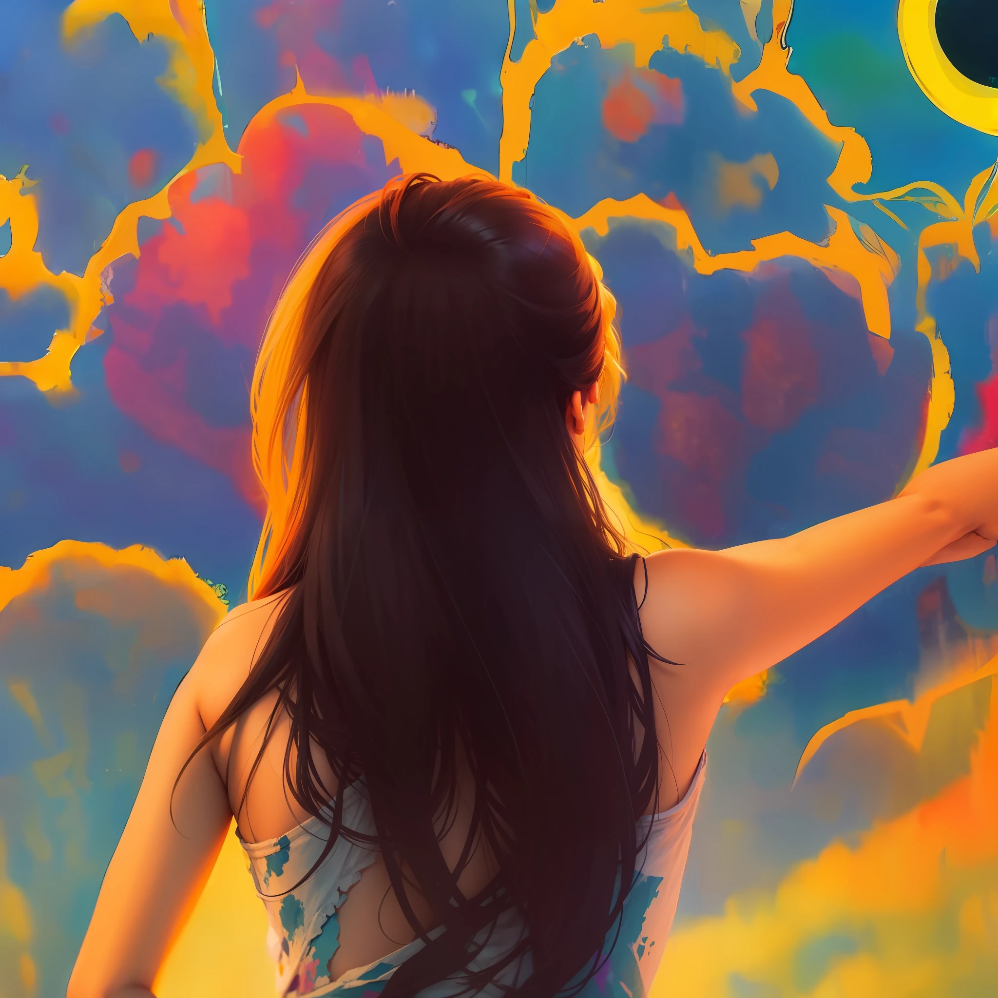 The back of a girl in a world of collision of colors