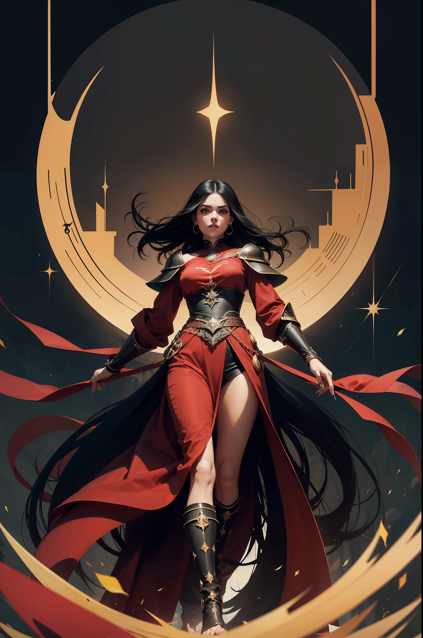 realista, mulher 40 anos, Villain, cabelo longo preto, flowing black hair, Cabelo preto, guerreira, roupa vermelha com detalhes brancos, armadura prateada, armadura medieval corpo todo, ela esta levitando, bare foots, sem fundo