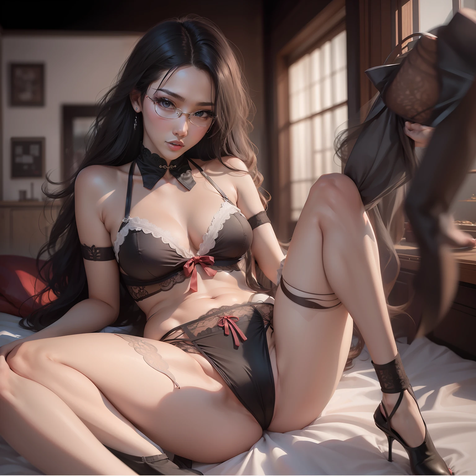 sensual lingerie，spread their legs，seductiveexpression，High slit，on cheongsam，Superskirt