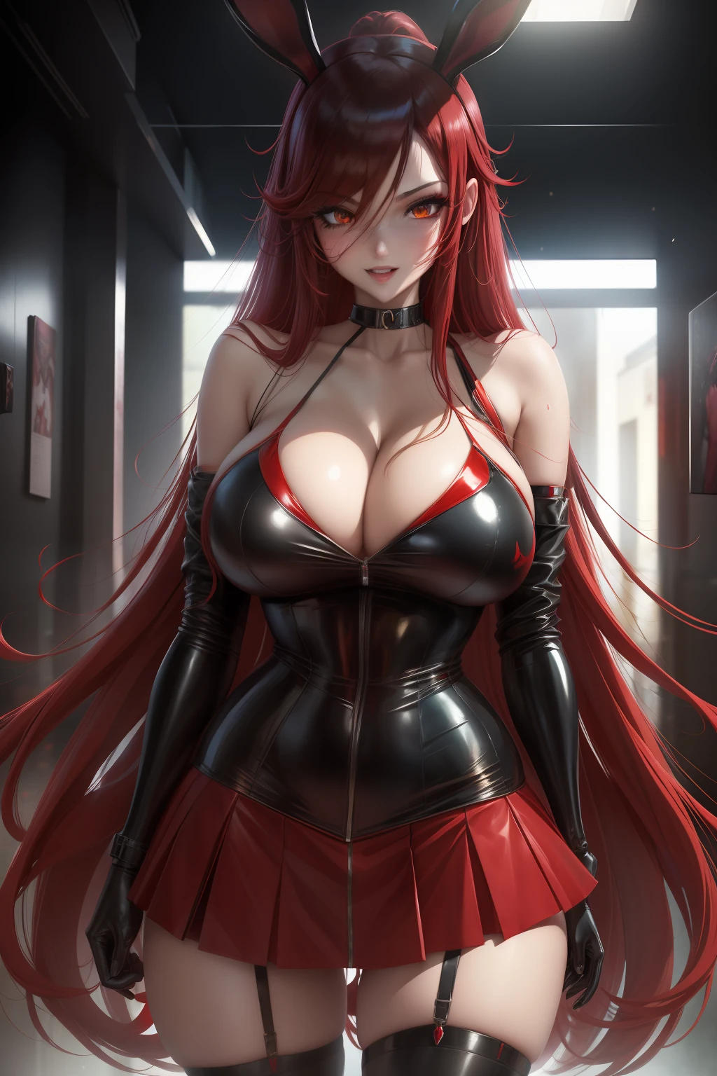 1 fantastic girl, black and red skirt, short clothes, breasts, cleavage, golden eyes, ray tracing, very long hair, masterpiece, hair between eyes, blush, NSFW, sexy, dynamic poses, wet, bunny ears, bunny tail, highly detailed, cyberpunk suit, photorealistic, crazy smile, blood, blood rain