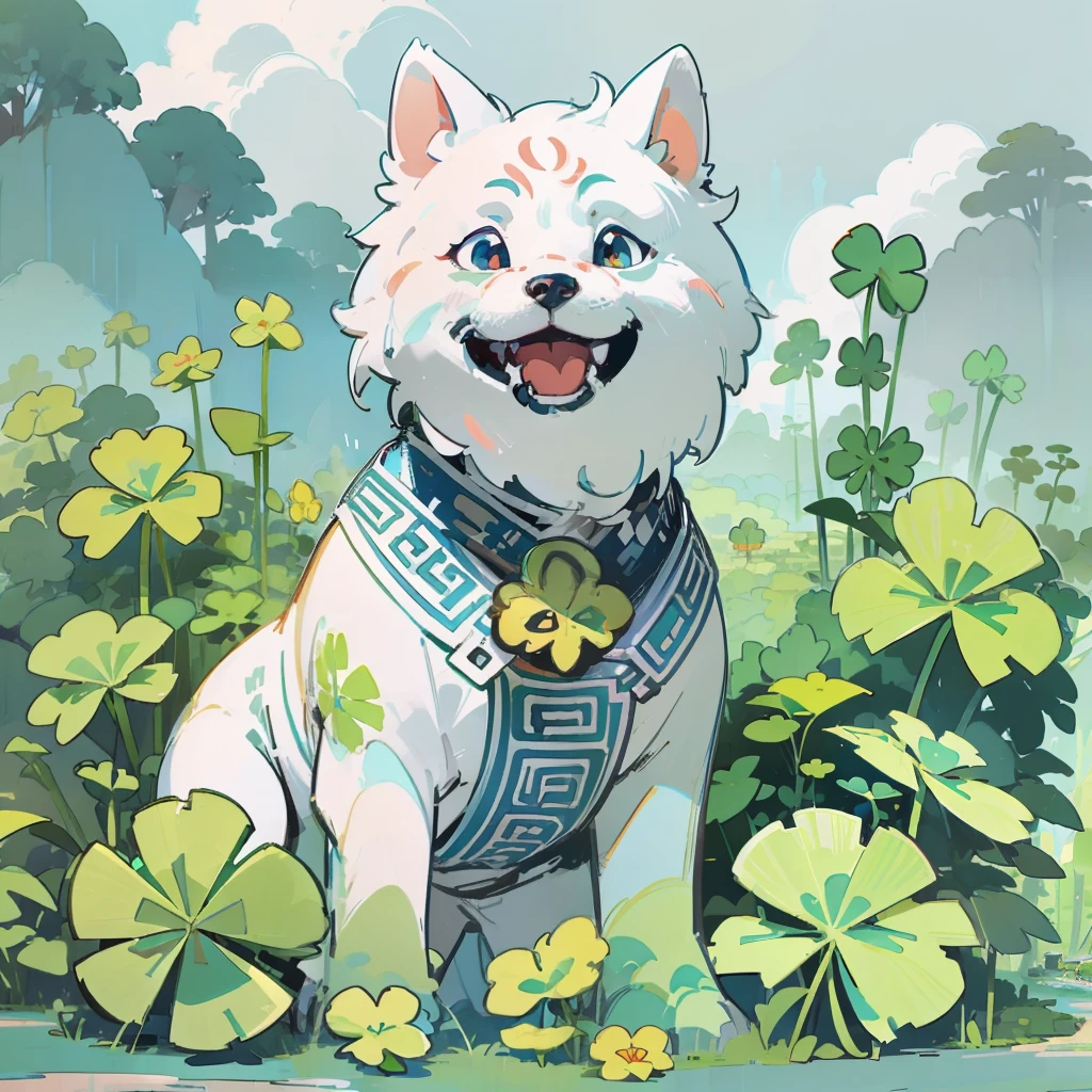 A happy, light blue Chinese fu dog surrounded by shamrocks, Forest, Terraces, Clouds, Wide Angle, Pioneer, Dirt Road, Traveling Merchant, Back, Go Forward, Wooden Cane, Ray Tracing, Comics, 3D Rendering, Cartoon, Cute Style, Sunny, Outdoor, Detailed, 4K, HD, High Quality