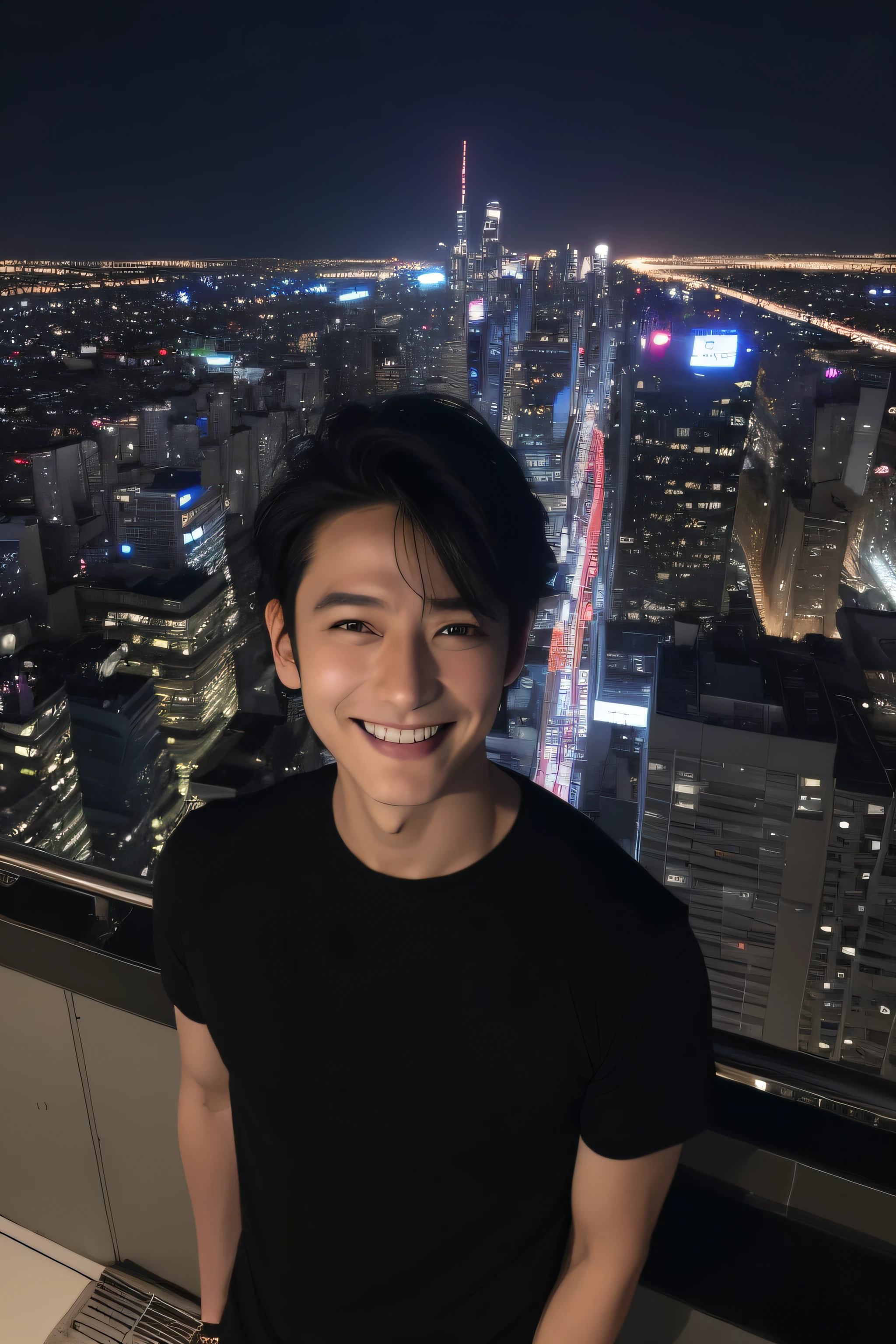 ((mid night、top-quality、8K、​masterpiece:1.3)), full body Esbian, long legged, foco nítido:1.2, Beautiful man with perfect body shape:1.4, A slender, (Black hair), (Black shirt standing:1.2), ((Night City View、On the rooftop:1.3)), Highly detailed facial and skin texture, A detailed eye, 二重まぶた、frontage、twinks、a smile、Center division